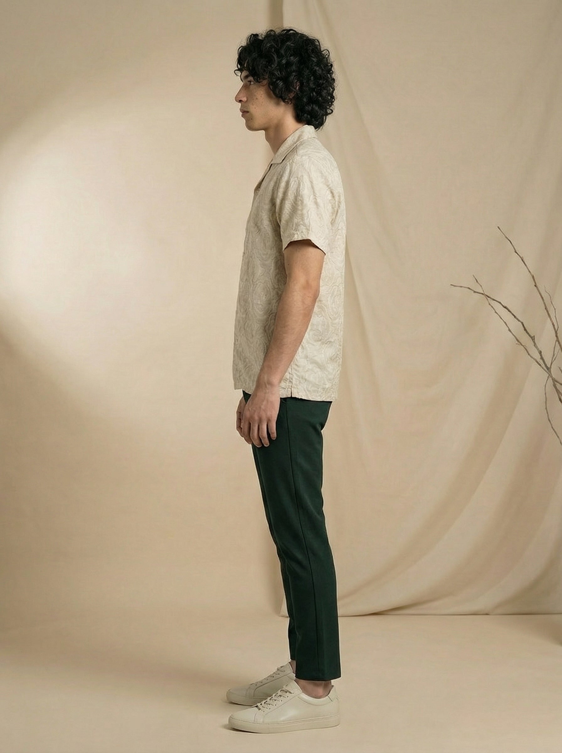 Beige Cuban Collar Relaxed Fit Half Sleeve Jaquard Shirt for Men