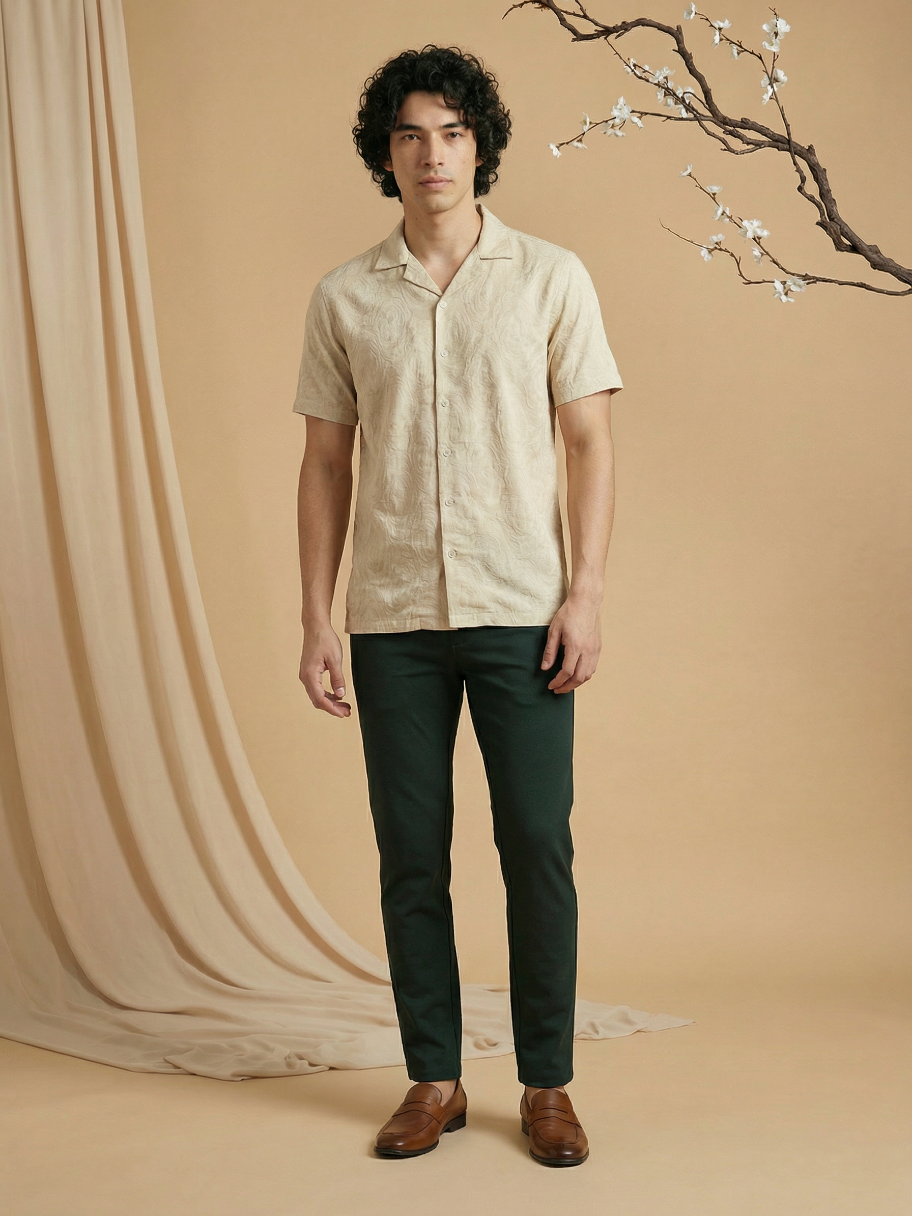 Men’s Relaxed Fit Beige Color Jacquard Shirt