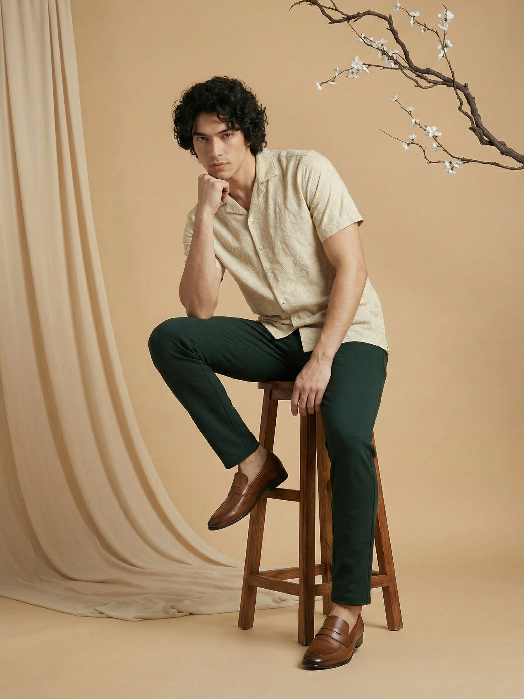 Beige Cuban Collar Relaxed Fit Half Sleeve Jaquard Shirt for Men