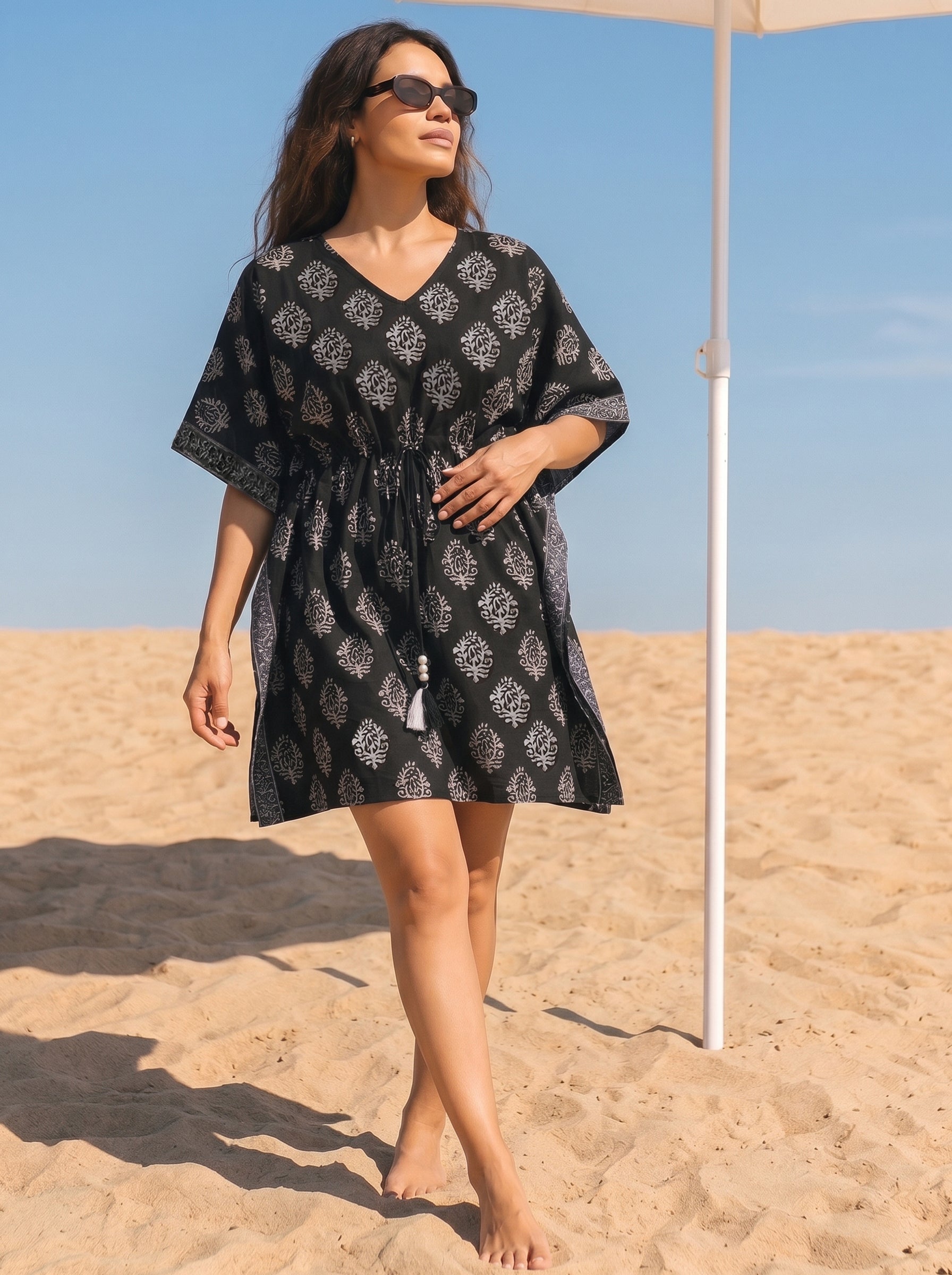 Women's Cambric Cotton Jet black V Neck Sleeveless Kaftan