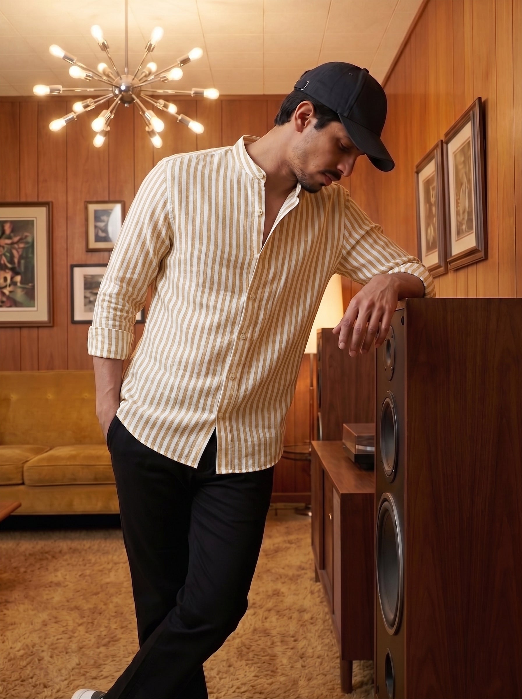 Men's Stripes Beige Yellow Relaxed Fit Shirt