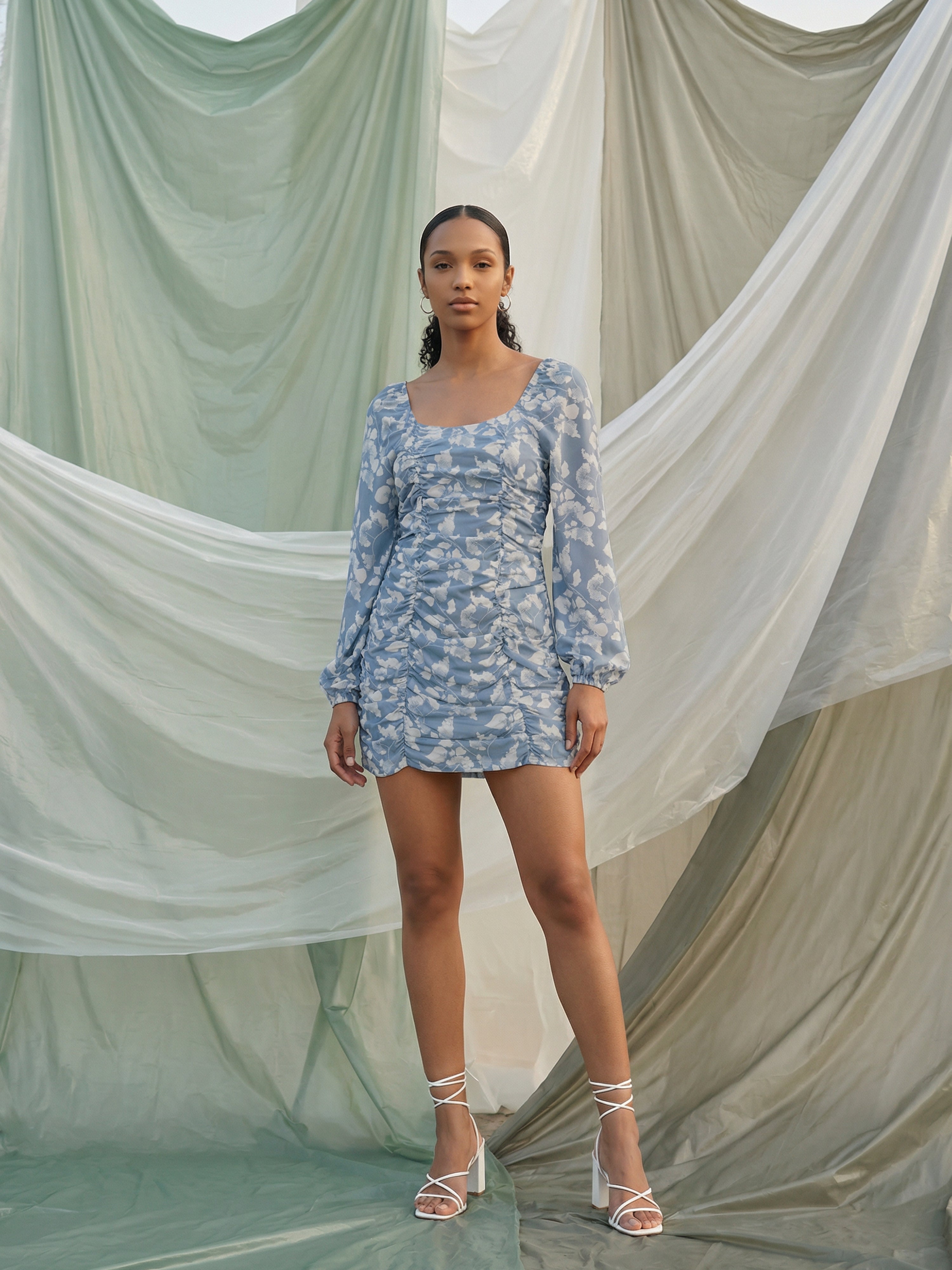 Grey Crepe Square Full Dresses For Female