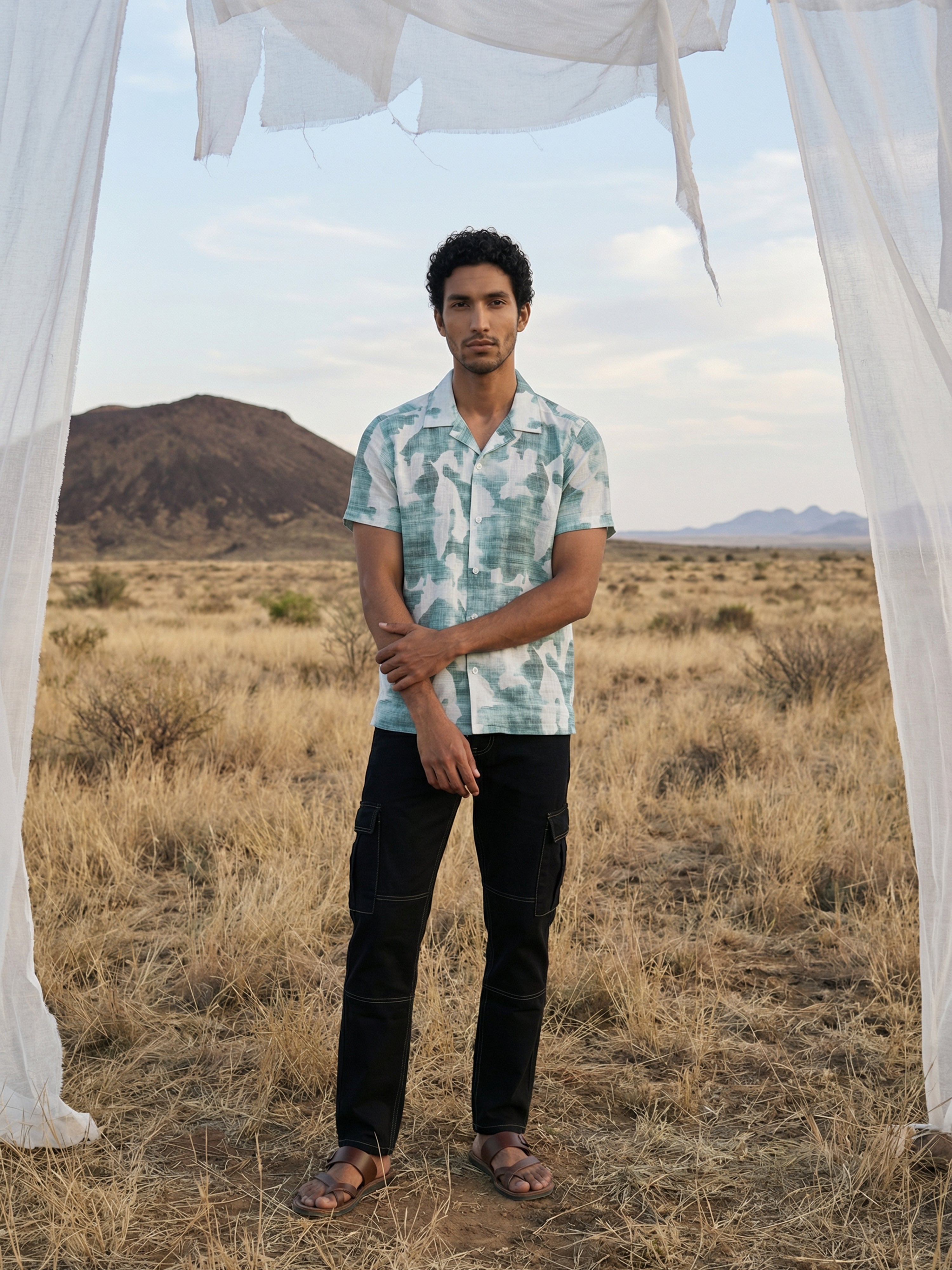 Green Blend Cuban Collar Half Sleeves Shirt For Male