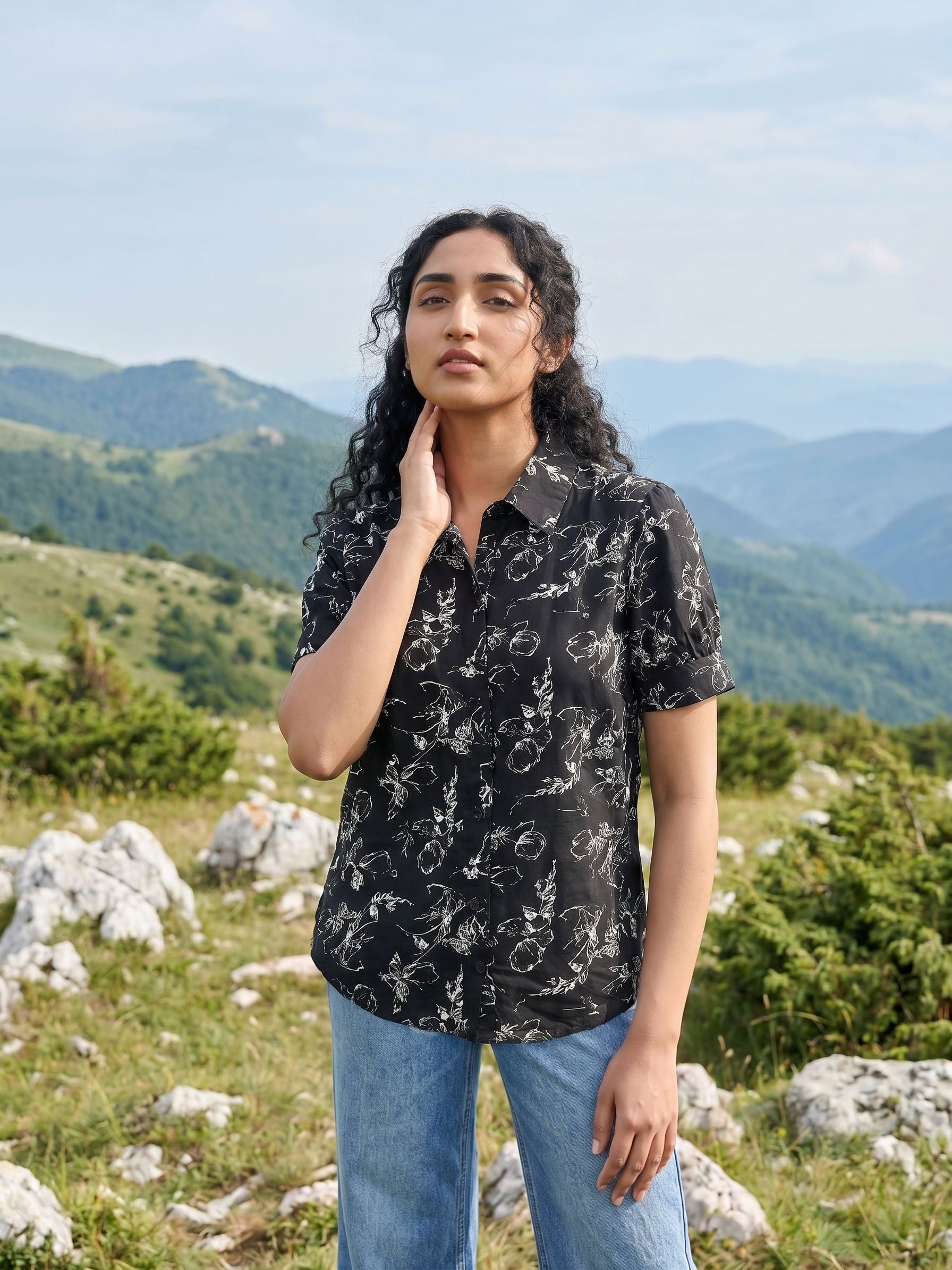 Women's Poly Rayon Black Regular Shirt