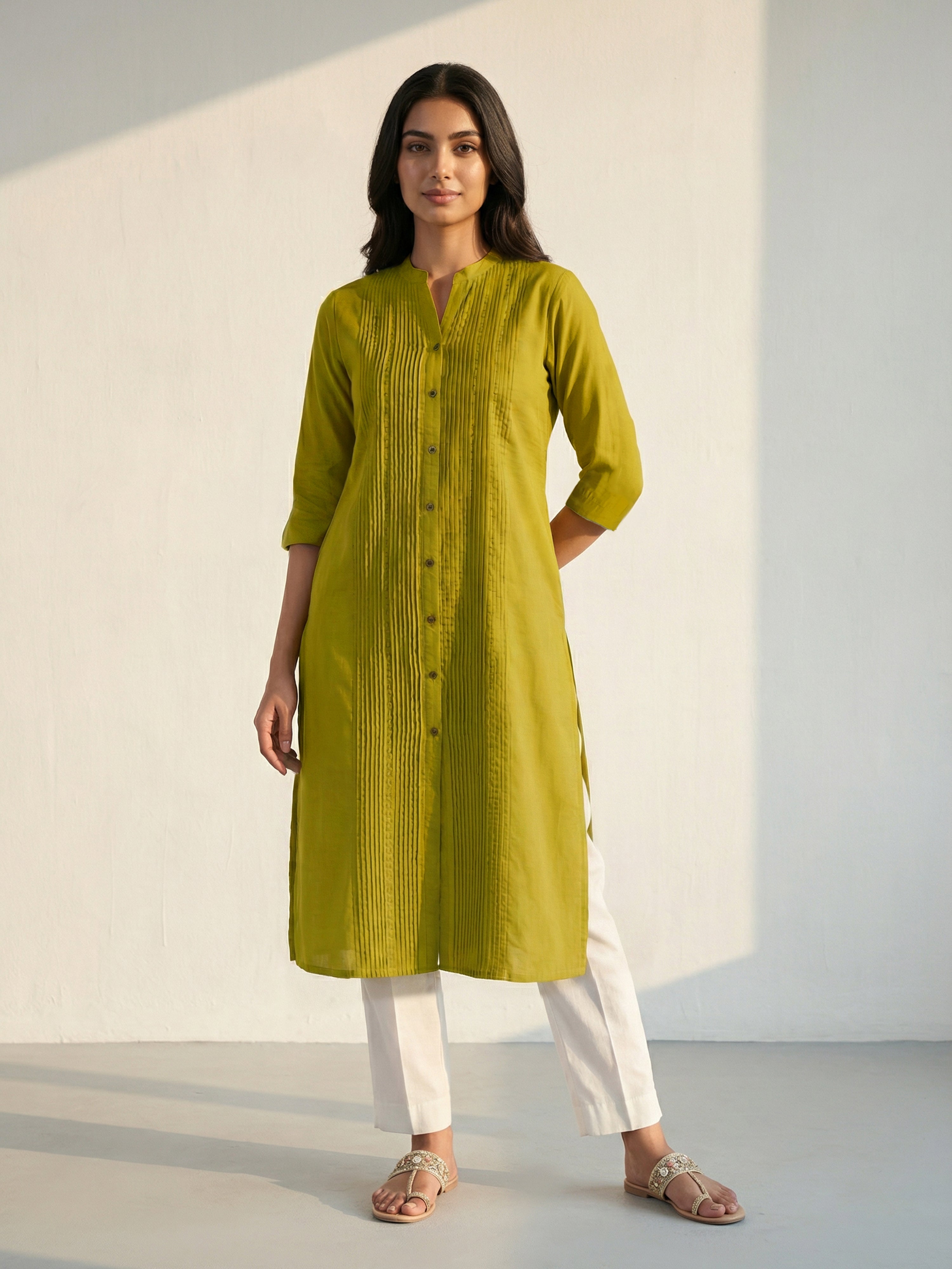 Mustard Hemmer Silk Collar Neck 3/4Th Sleeve Kurti For Female