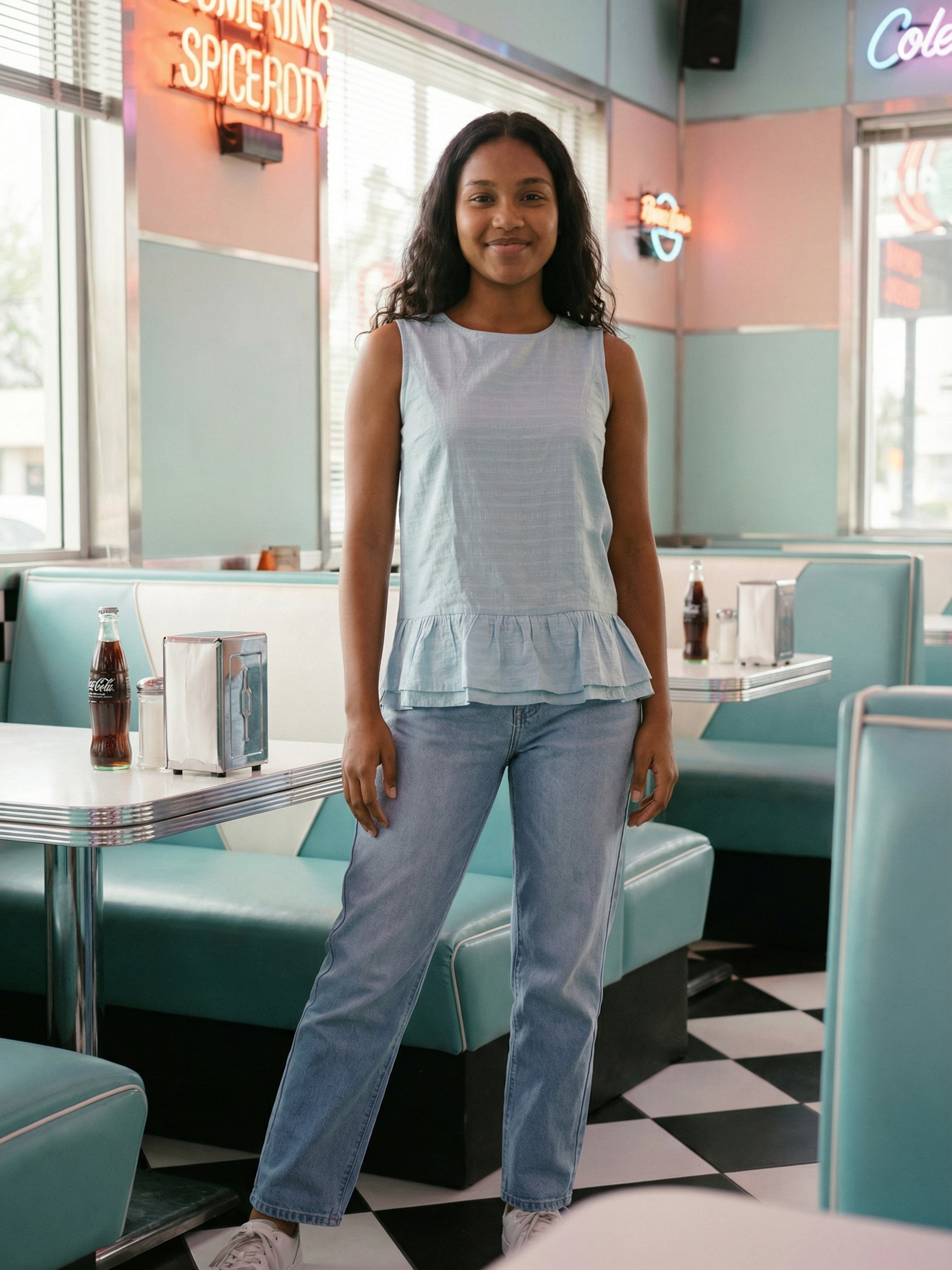 Women's Blue Nylon Viscose Viscos Top with Round Neck Neck