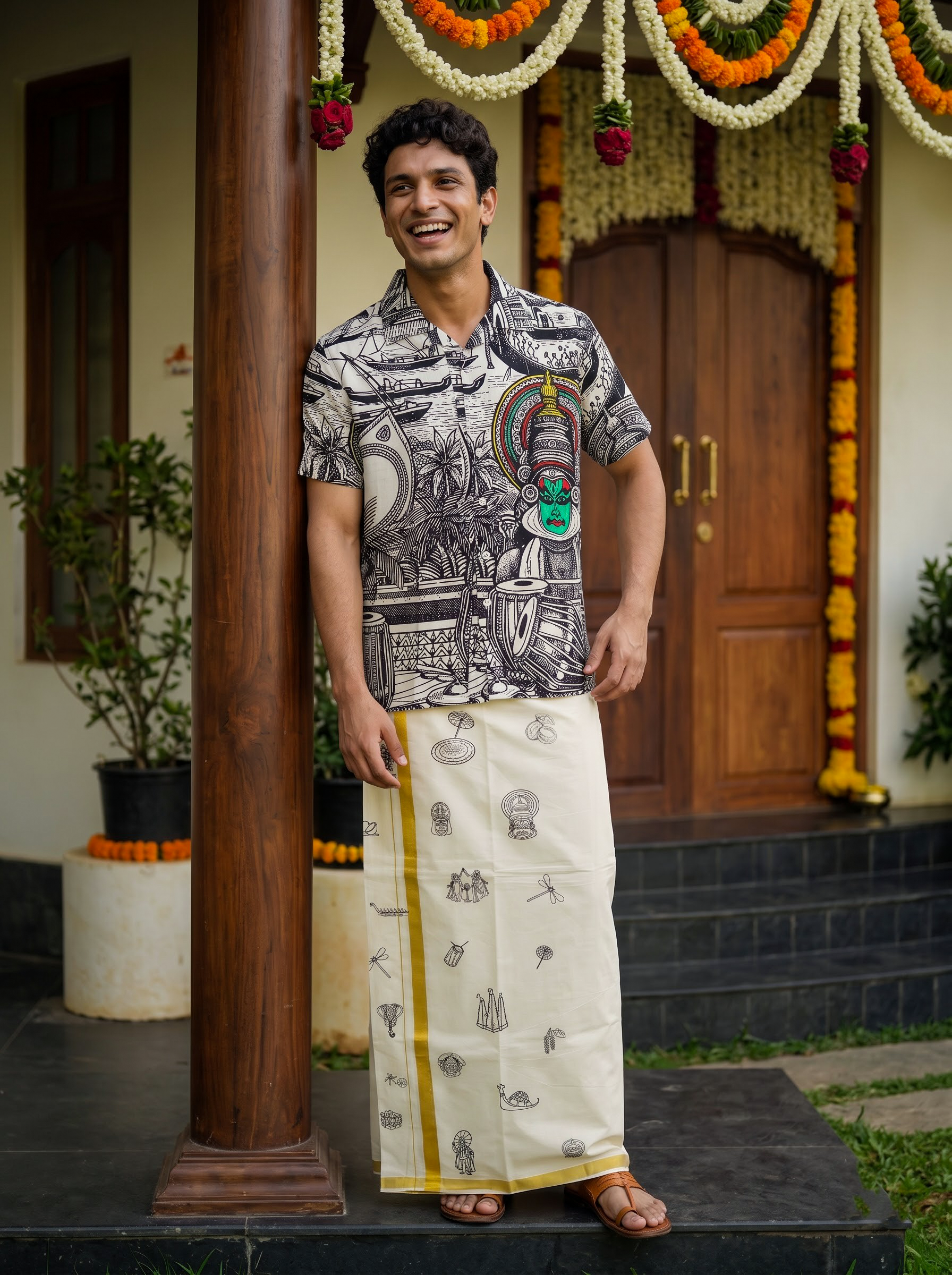 Men's Nylon Digital Print Off White Color Onam Special Regular Fit Shirt