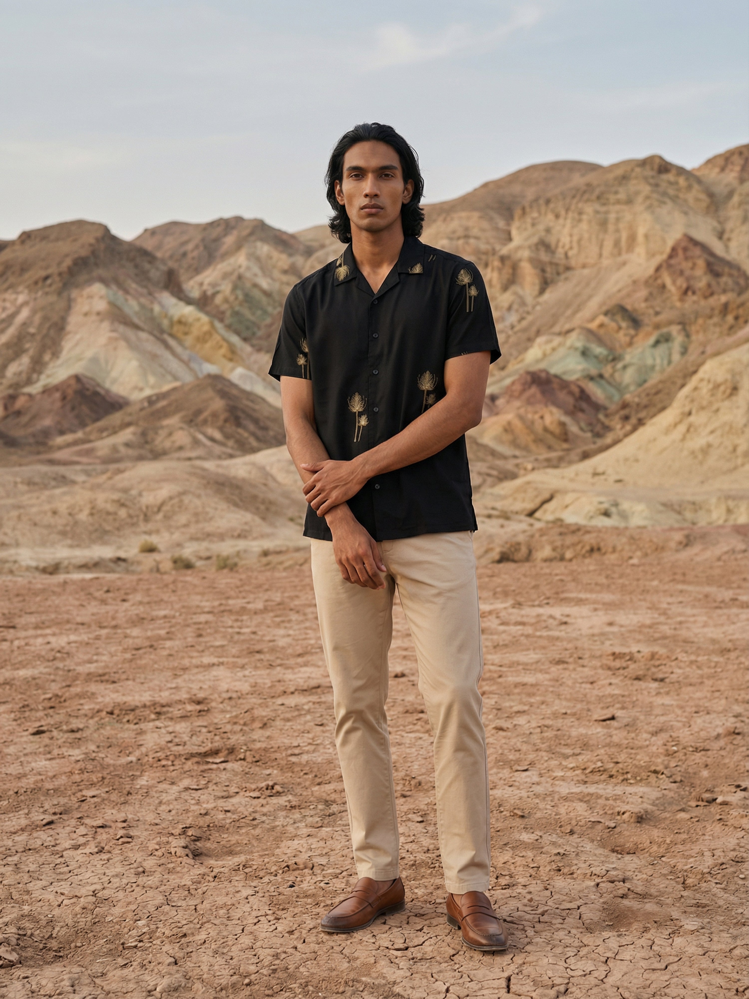 Men's Black Fit Shirt with Embroidered Patterns