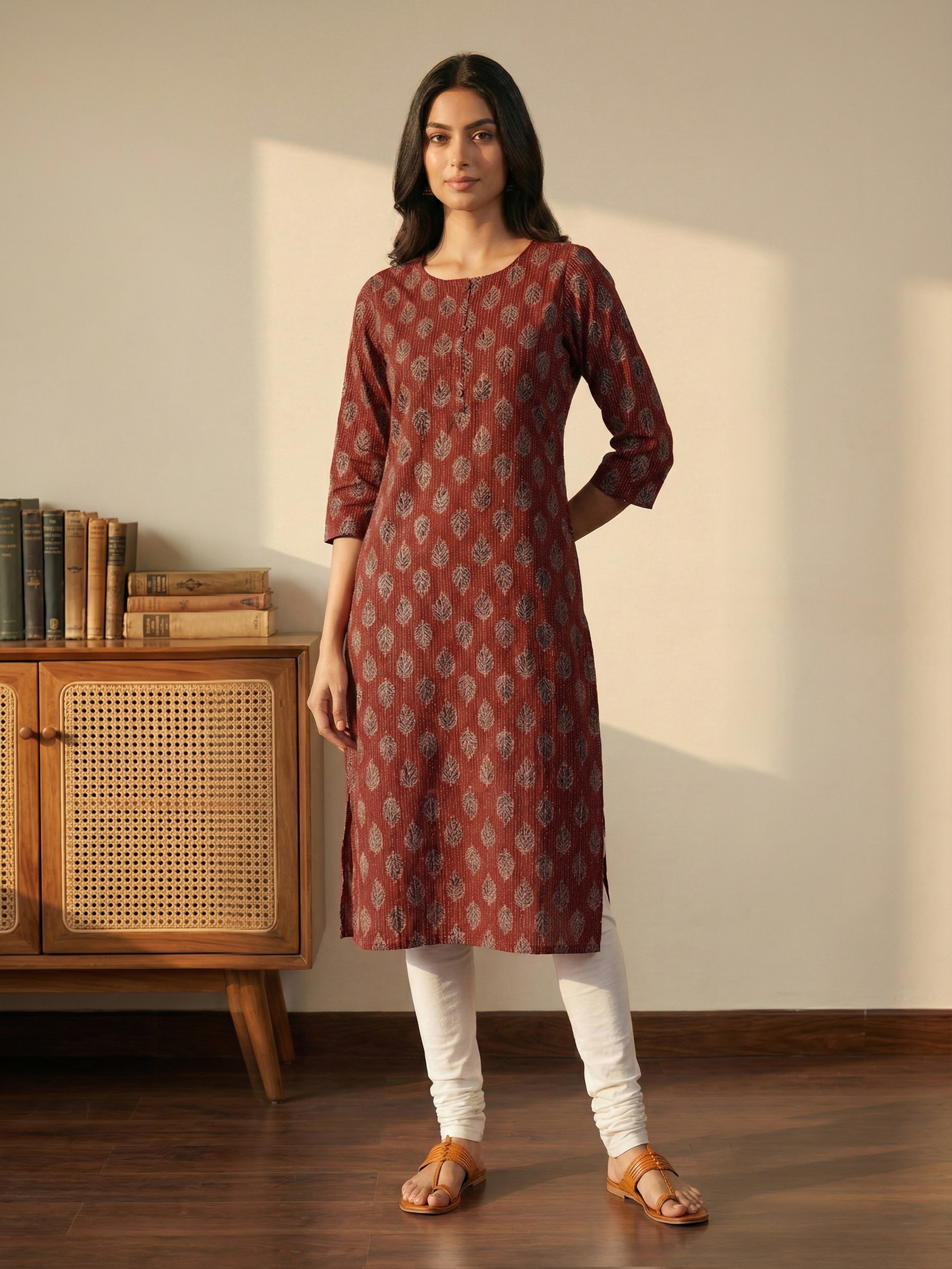 Maroon Katha Cotton Round Neck 3/4 Sleeve Kurti For Female