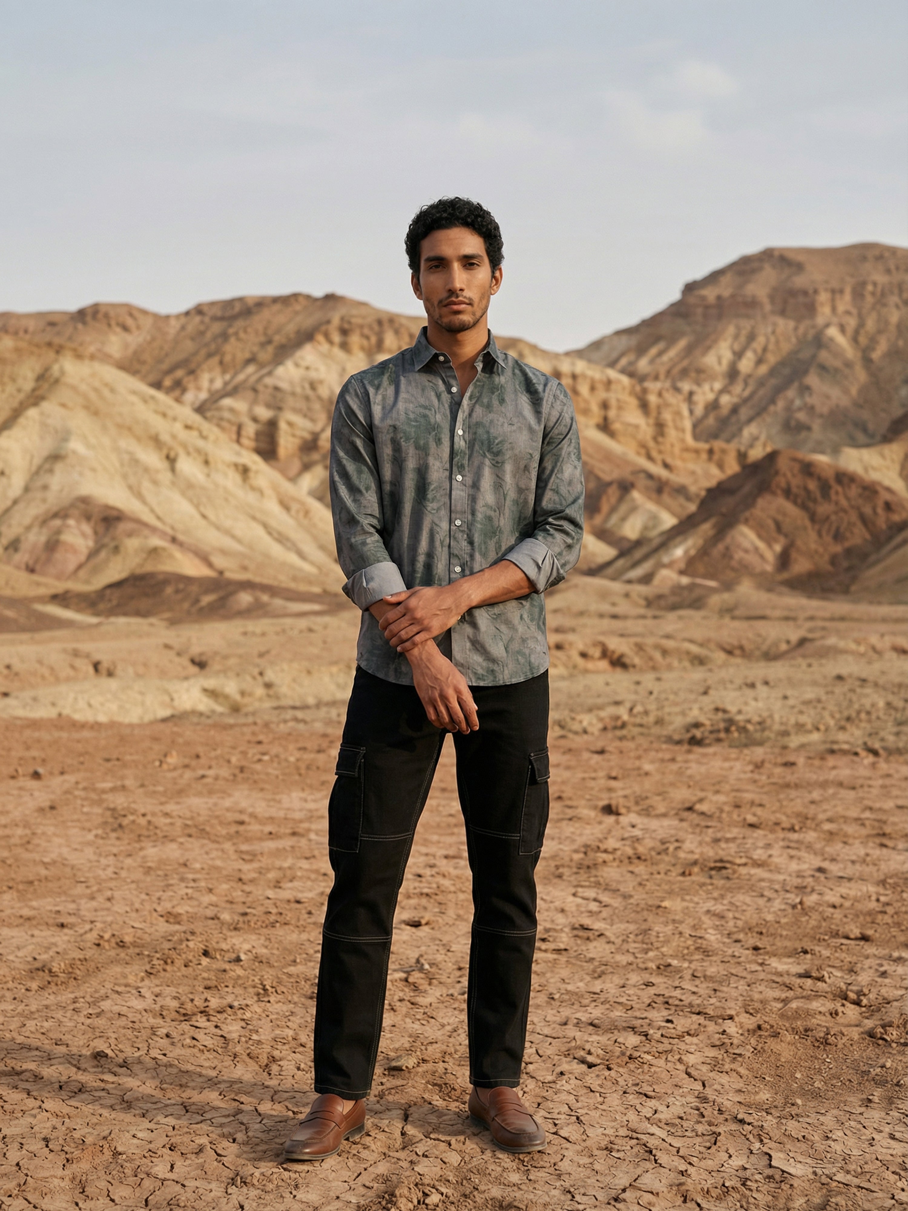 Grey Milanj Semi Formal Print Semi Cut Away Collar Full Sleeves Shirt For Male