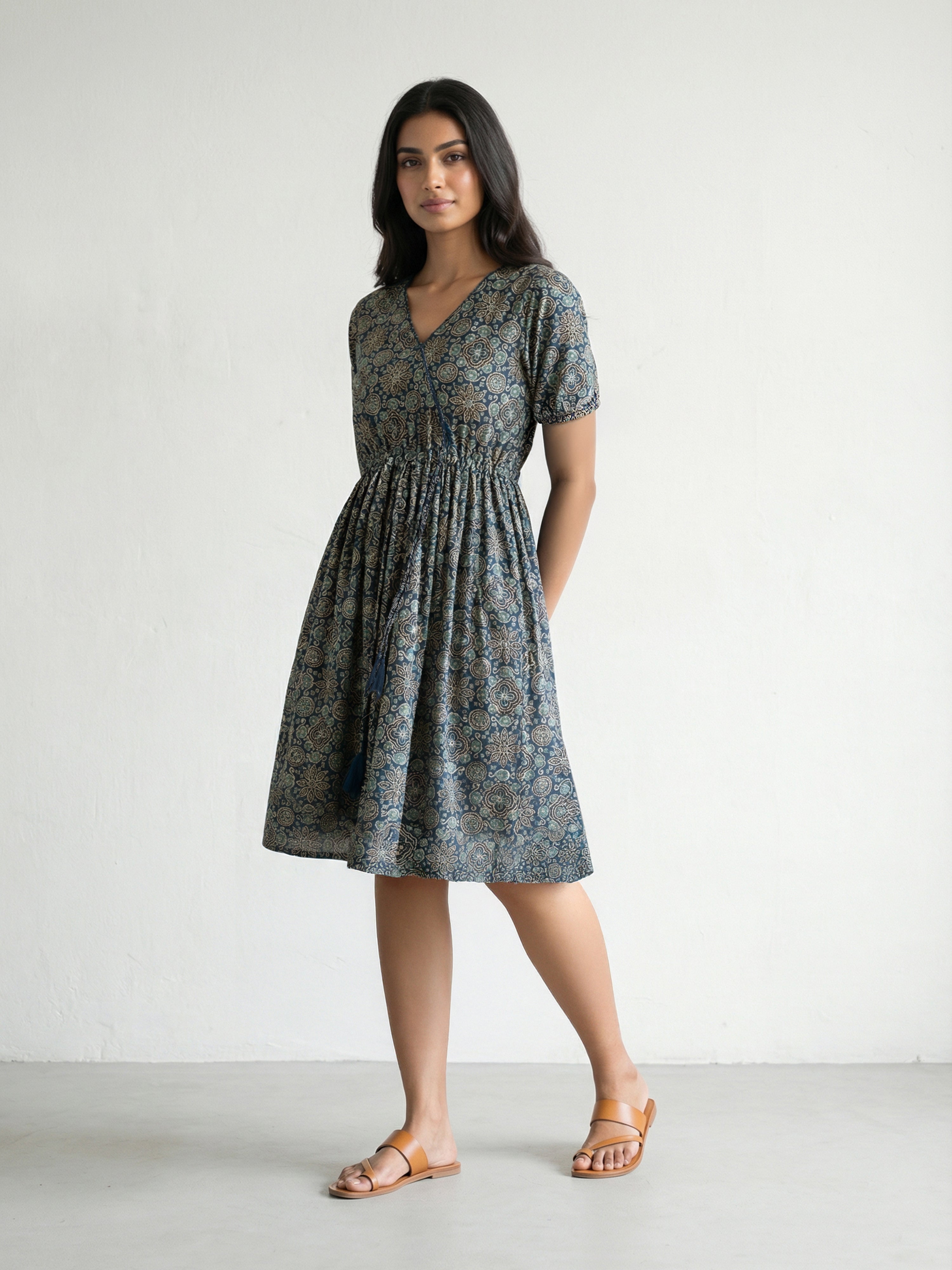 Teal Blue Rayon 3/4 Sleeve Dresses For Female