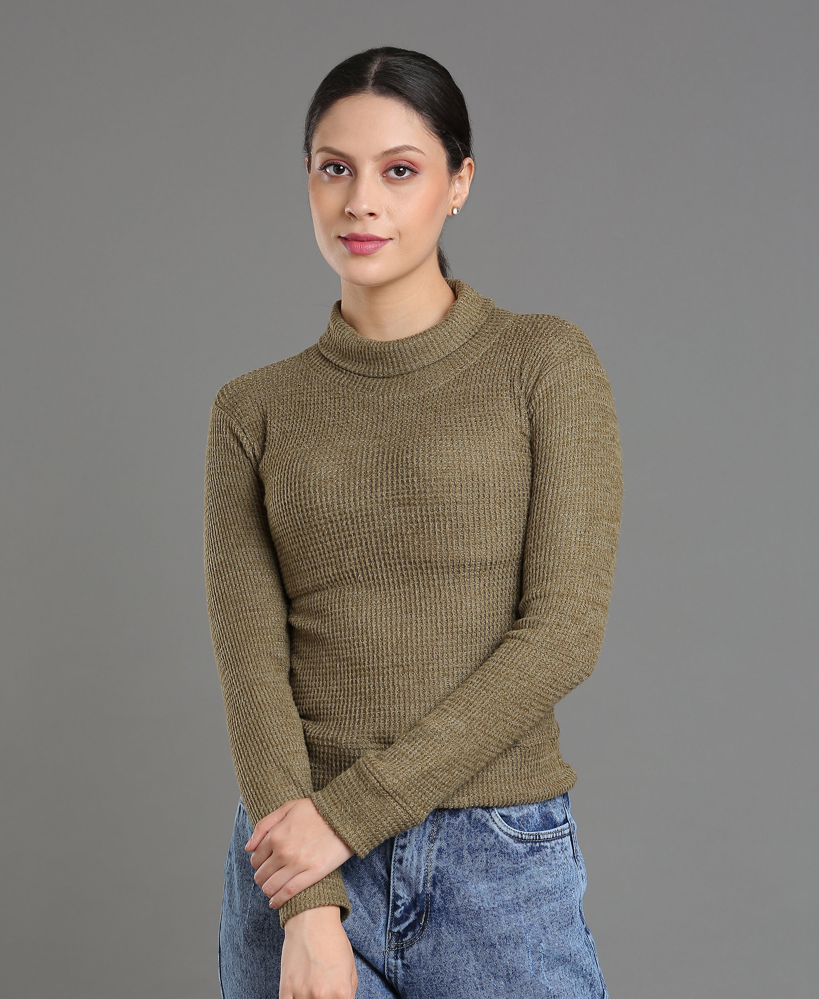 Olive Waffle High Neck Tee