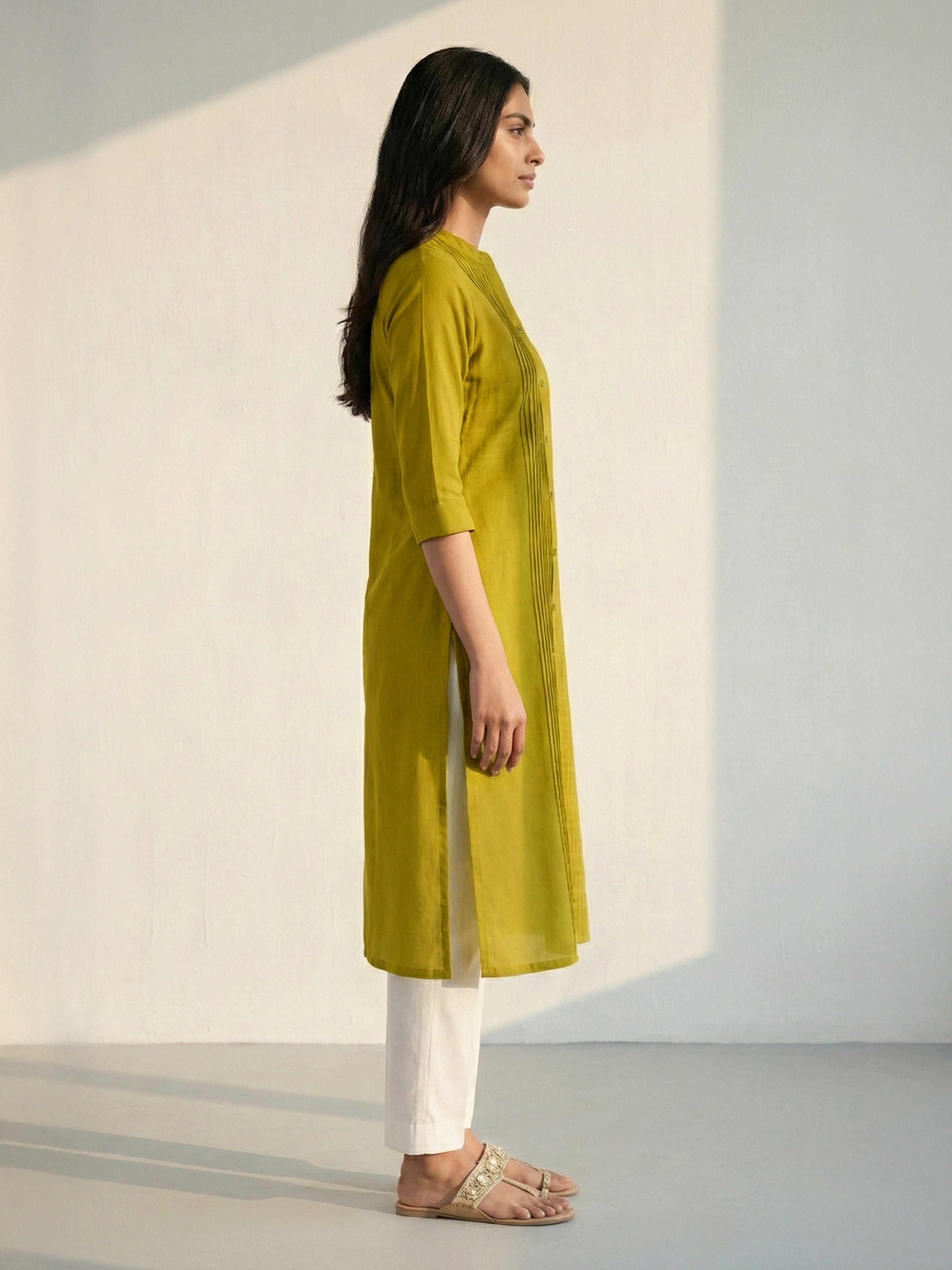 Mustard Hemmer Silk Collar Neck 3/4Th Sleeve Kurti For Female