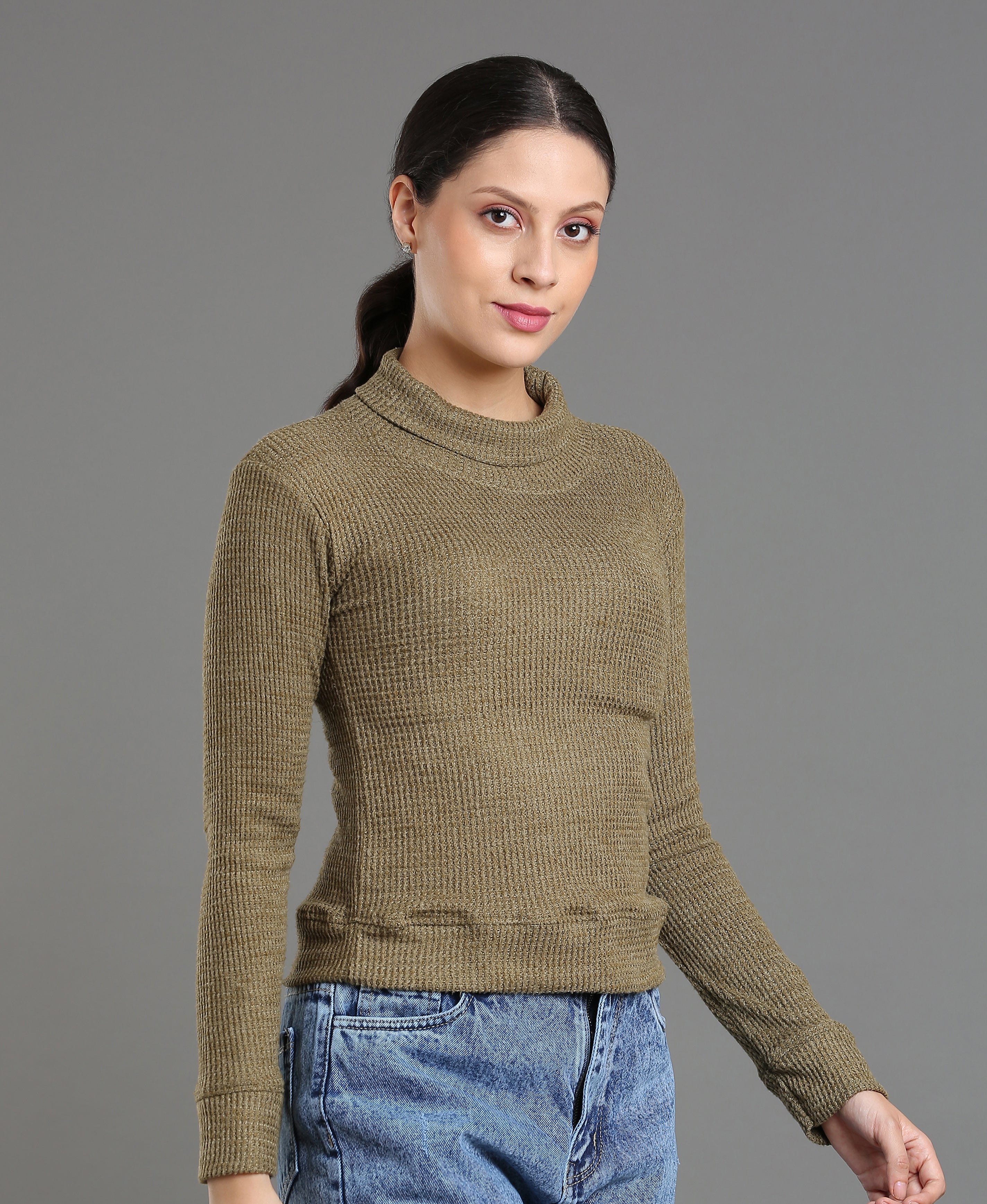 Olive Waffle High Neck Tee