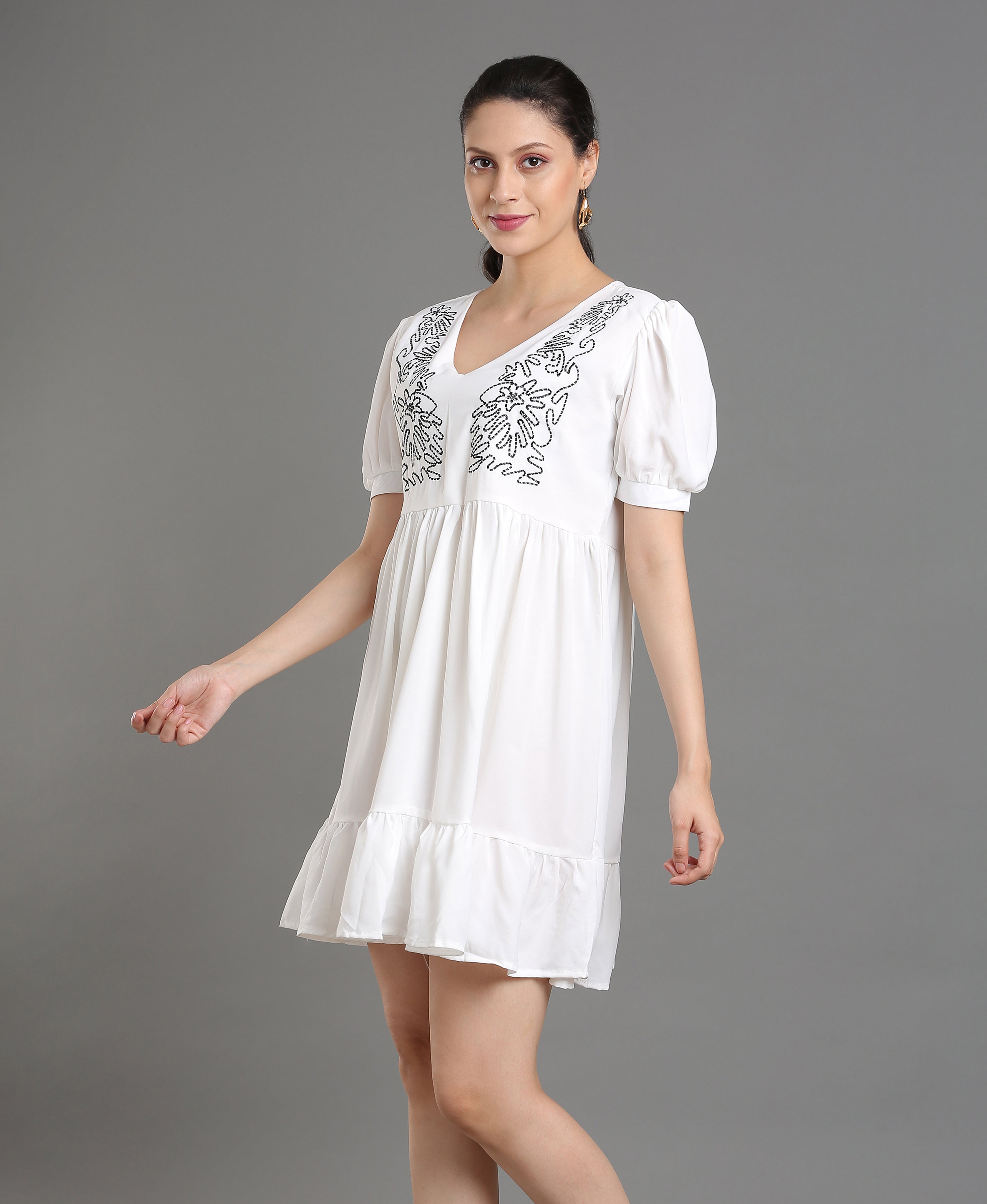 Ivory Embroidered Poly-Cotton Dress