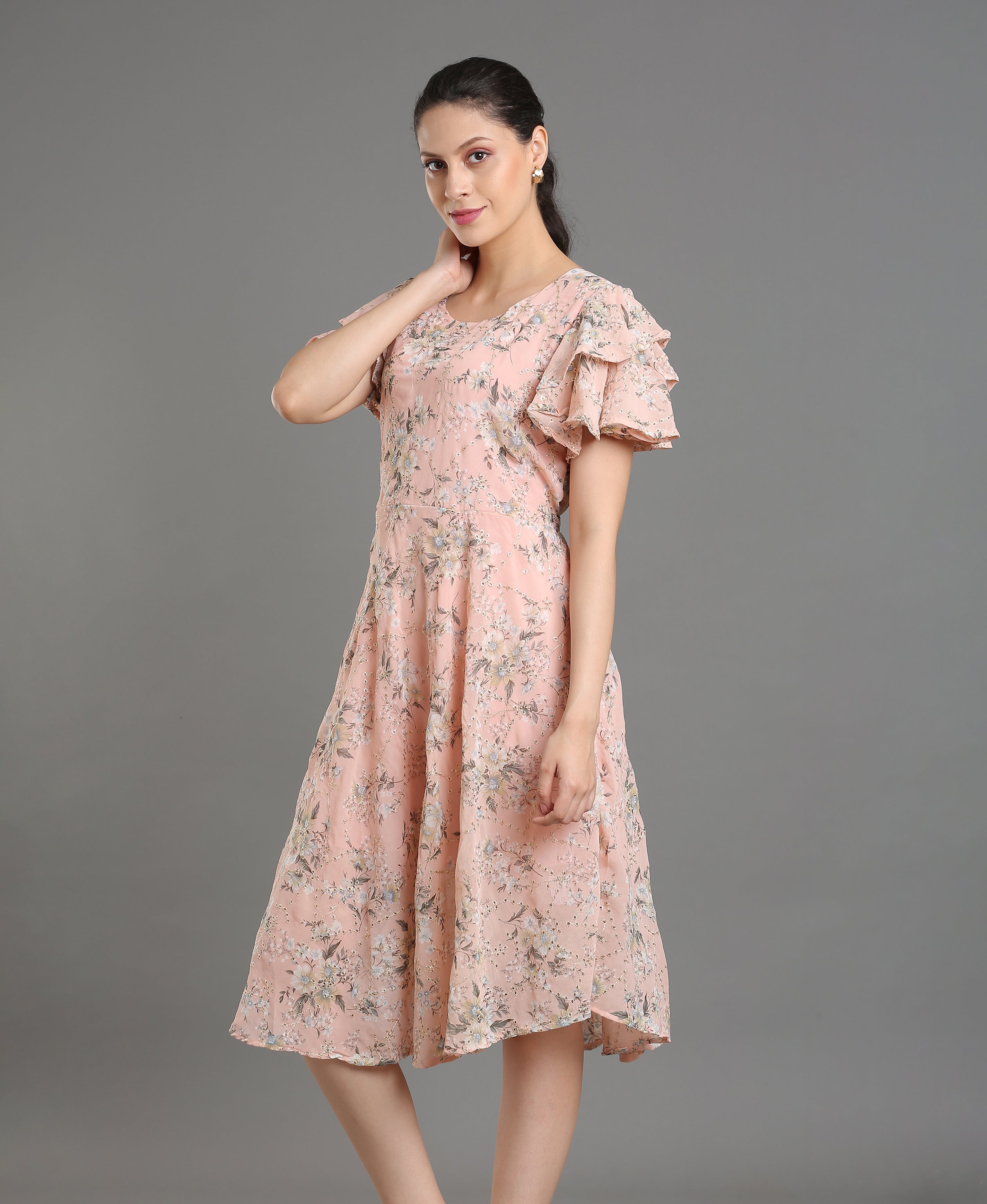 Peach Bloom Embroidered Georgette Dress