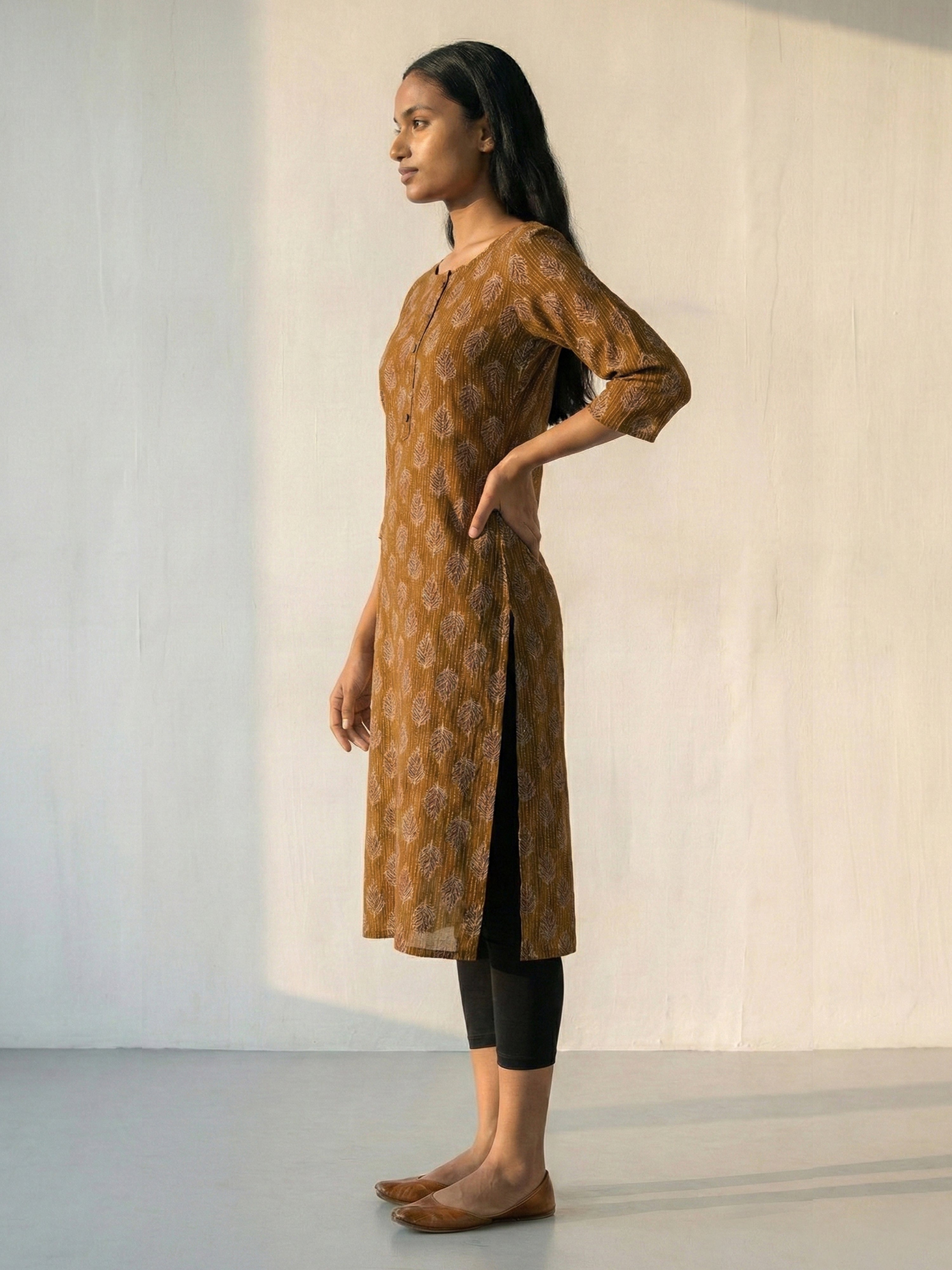 Brown Katha Cotton Round Neck Kurti