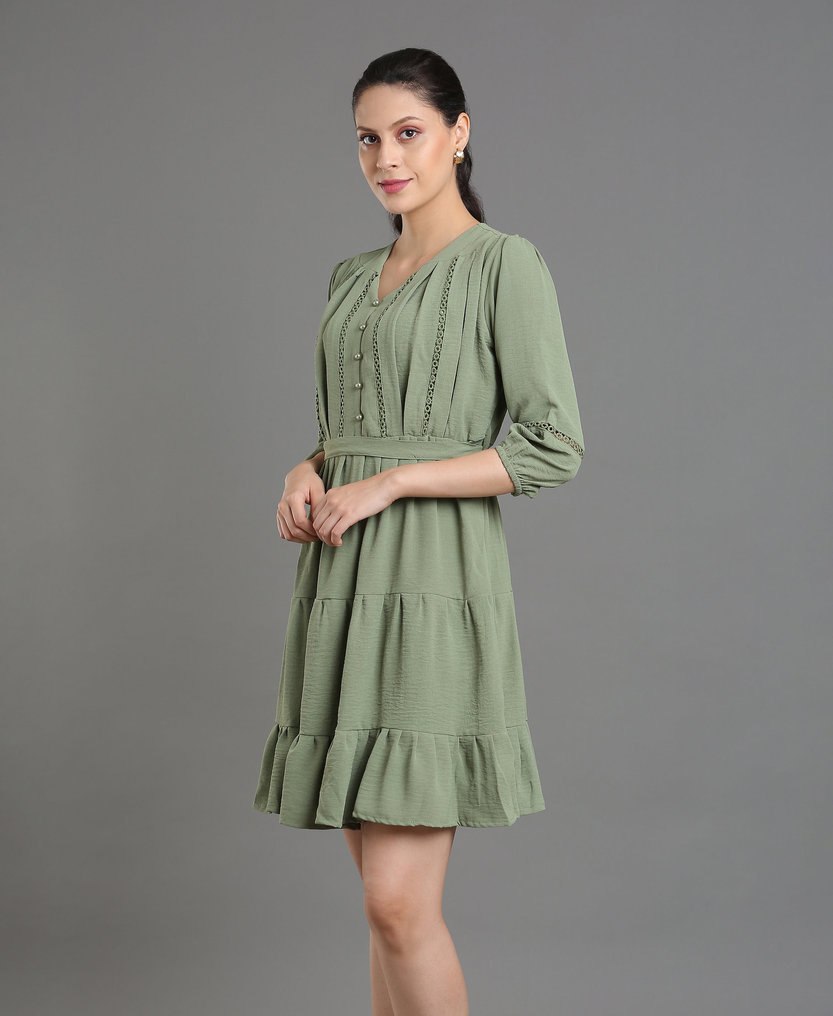 Emerald Glow Polyester Flared Dress