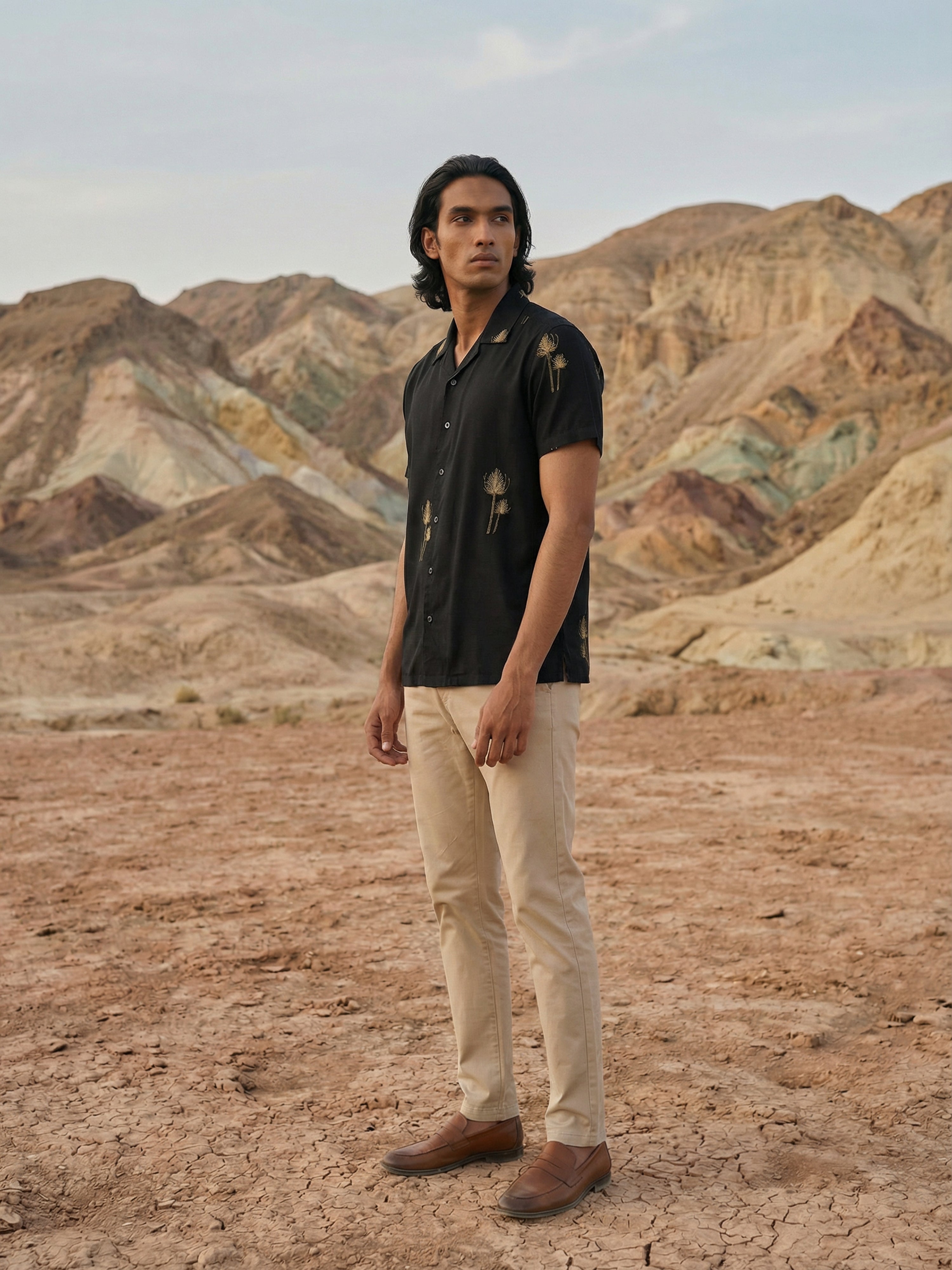 Men's Black Fit Shirt with Embroidered Patterns