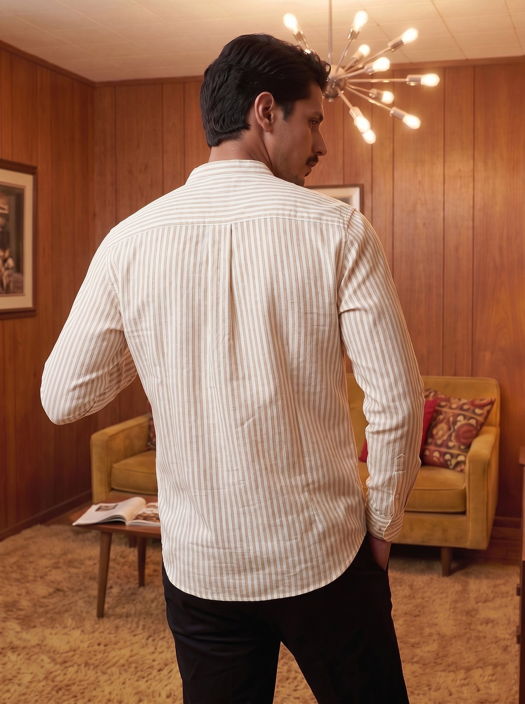 Men's Stripes Beige Yellow Relaxed Fit Shirt
