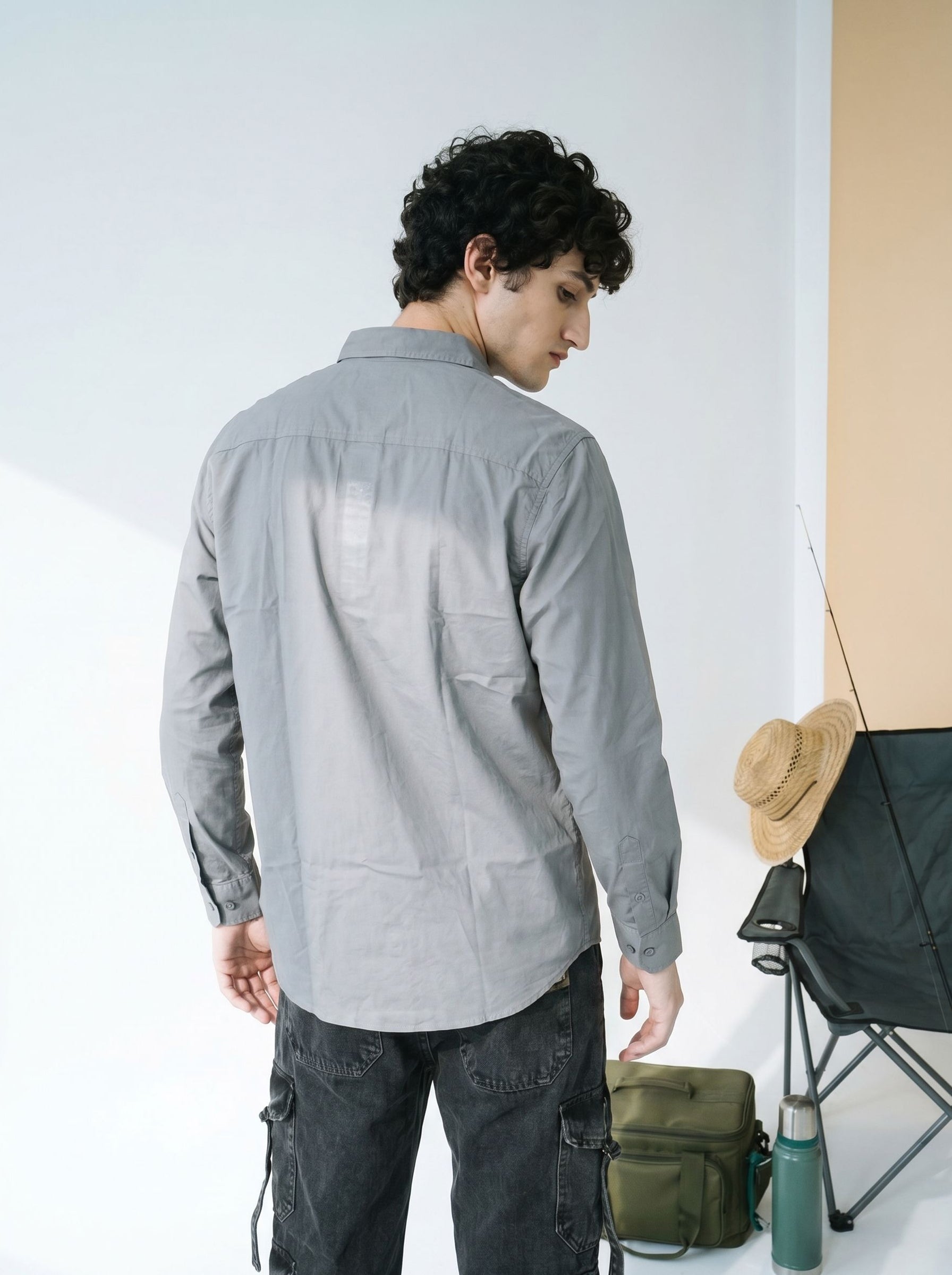 Mens Grey Cotton Relaxed Regular Collar Shirt