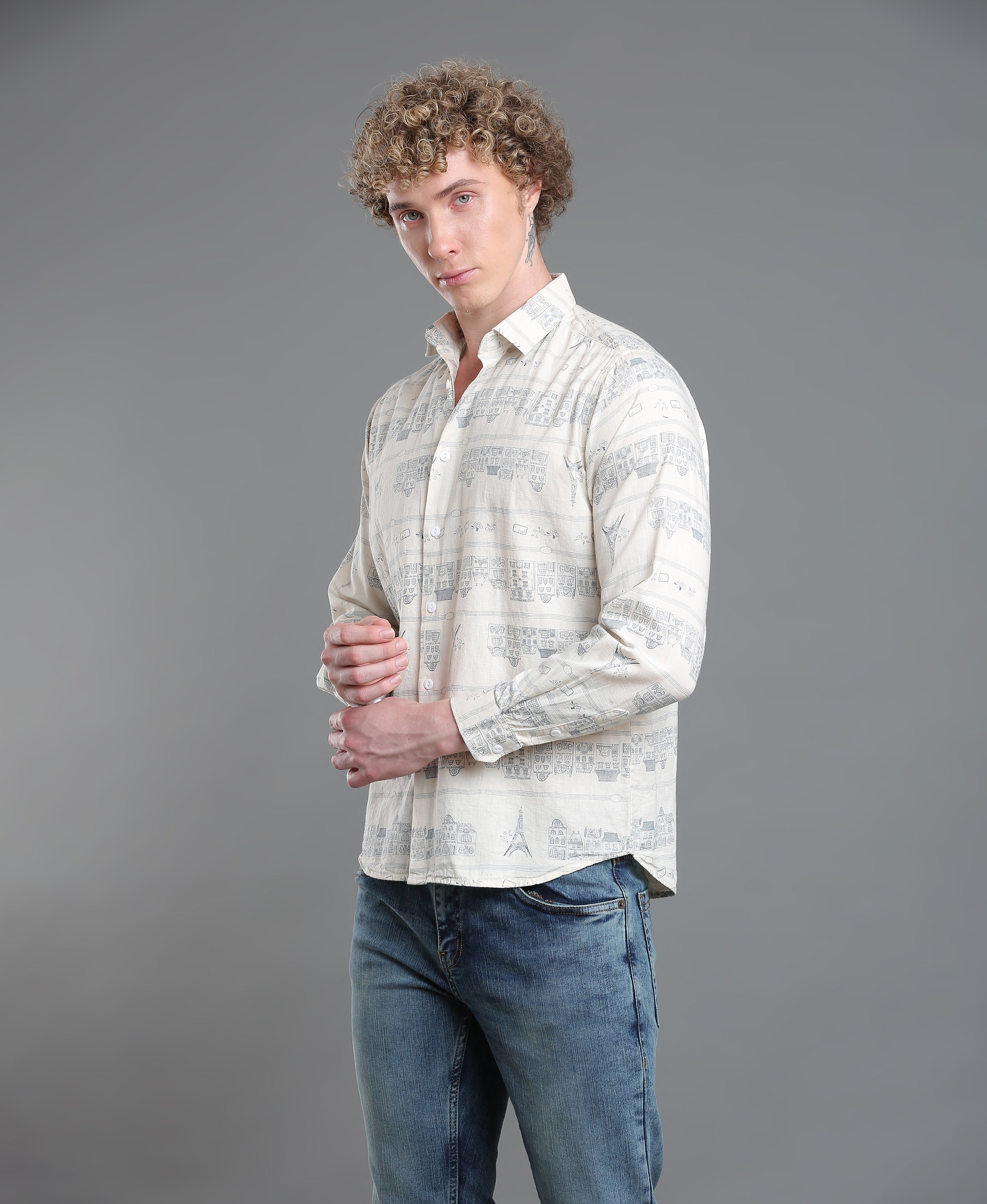 Ivory Linen Print Slim Shirt