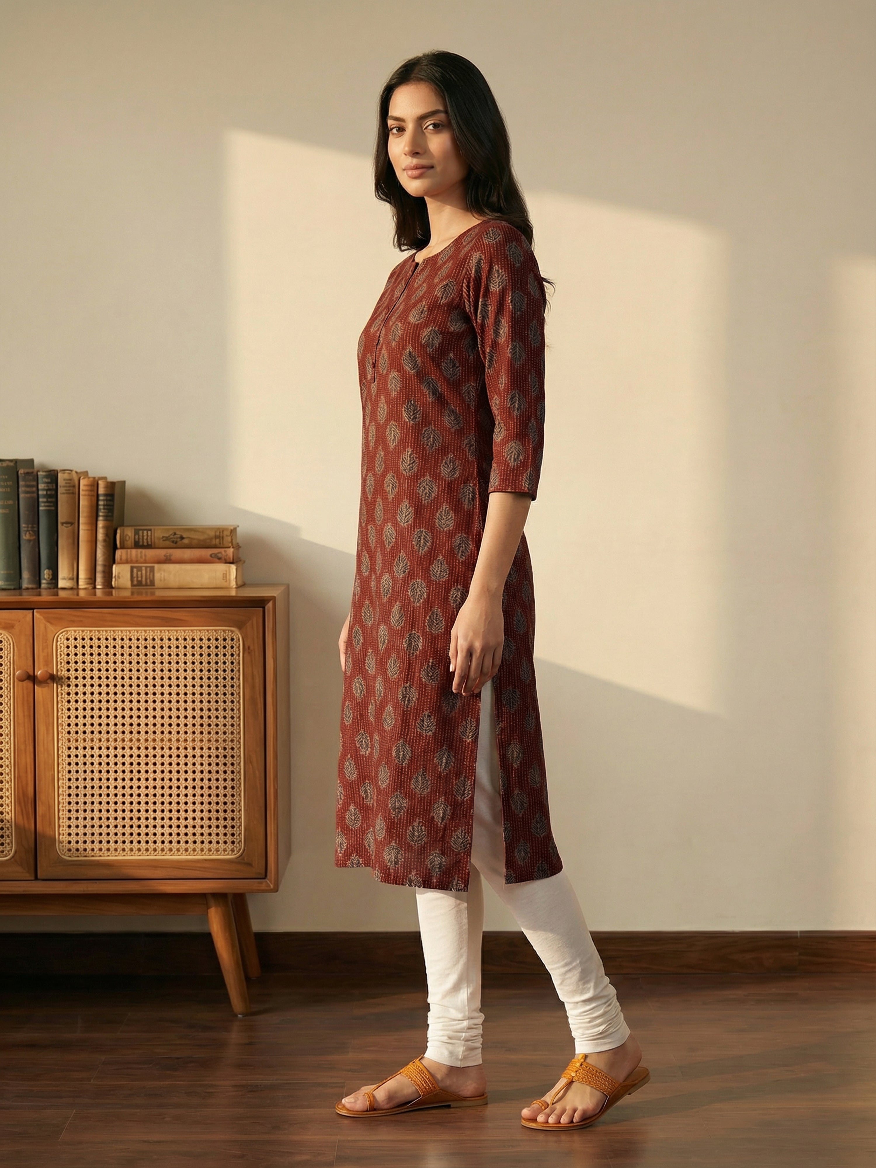 Maroon Katha Cotton Round Neck 3/4 Sleeve Kurti For Female