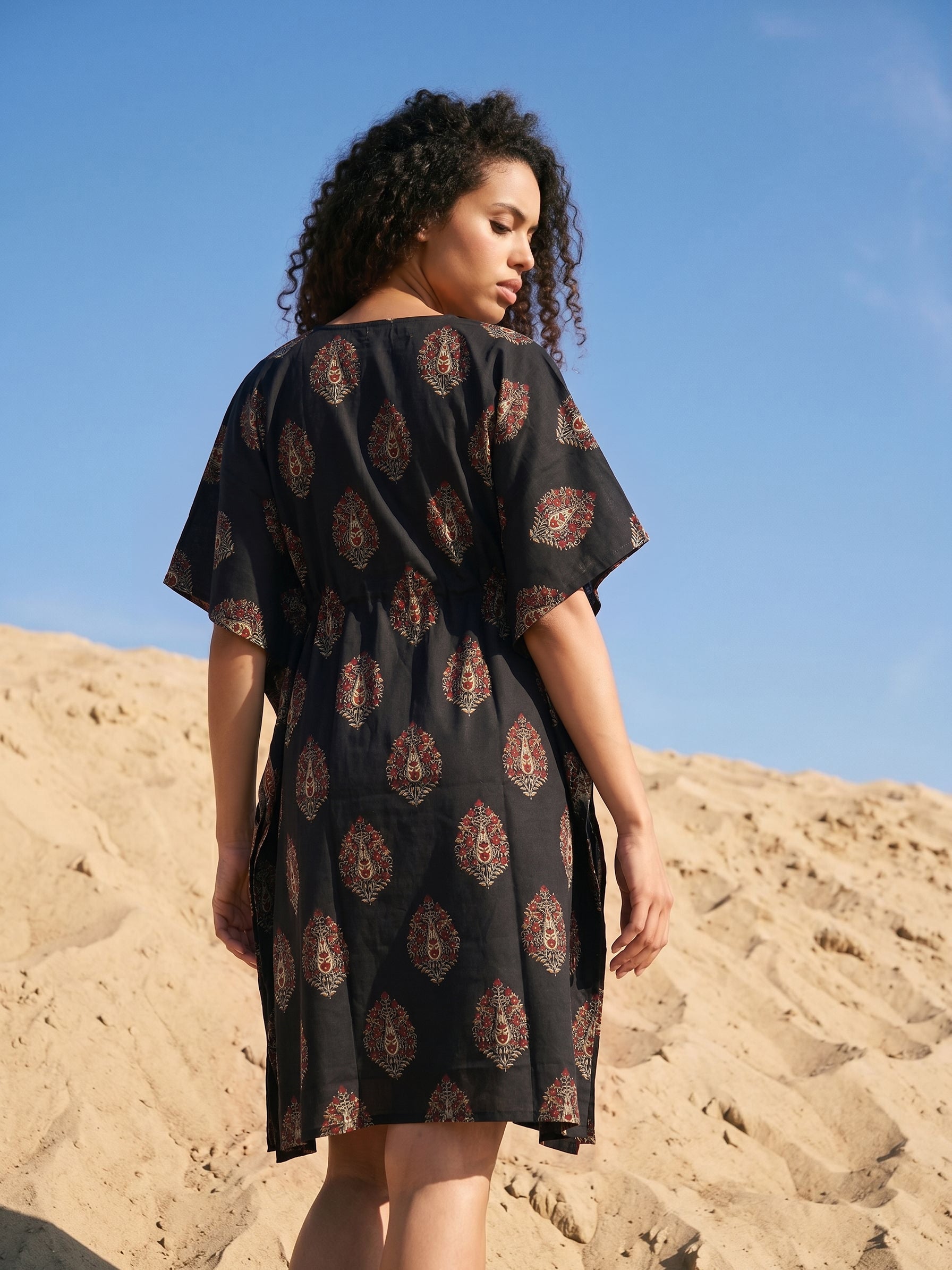Women's Cambric Cotton Black V Neck Kaftan