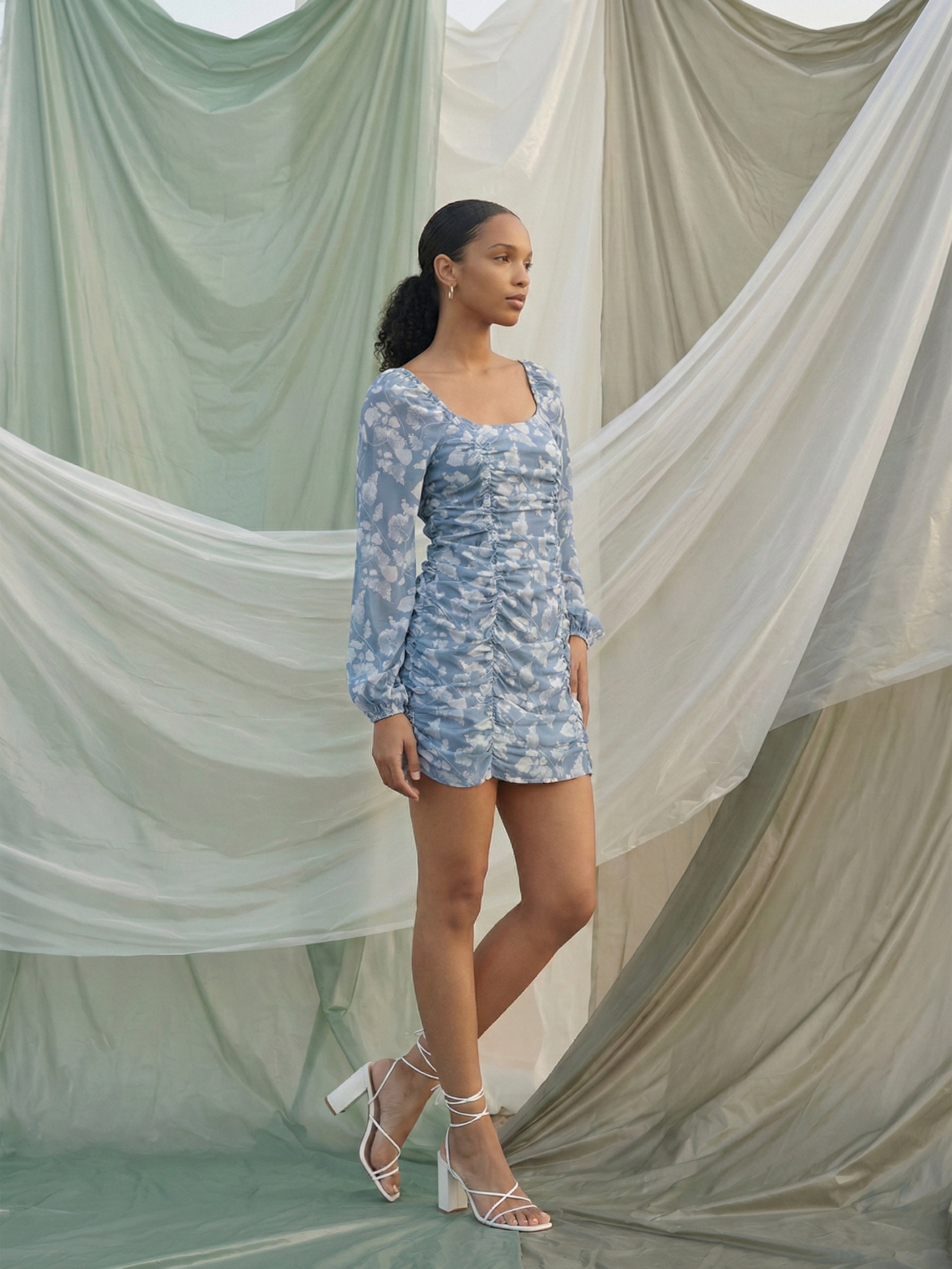 Grey Crepe Square Full Dresses For Female