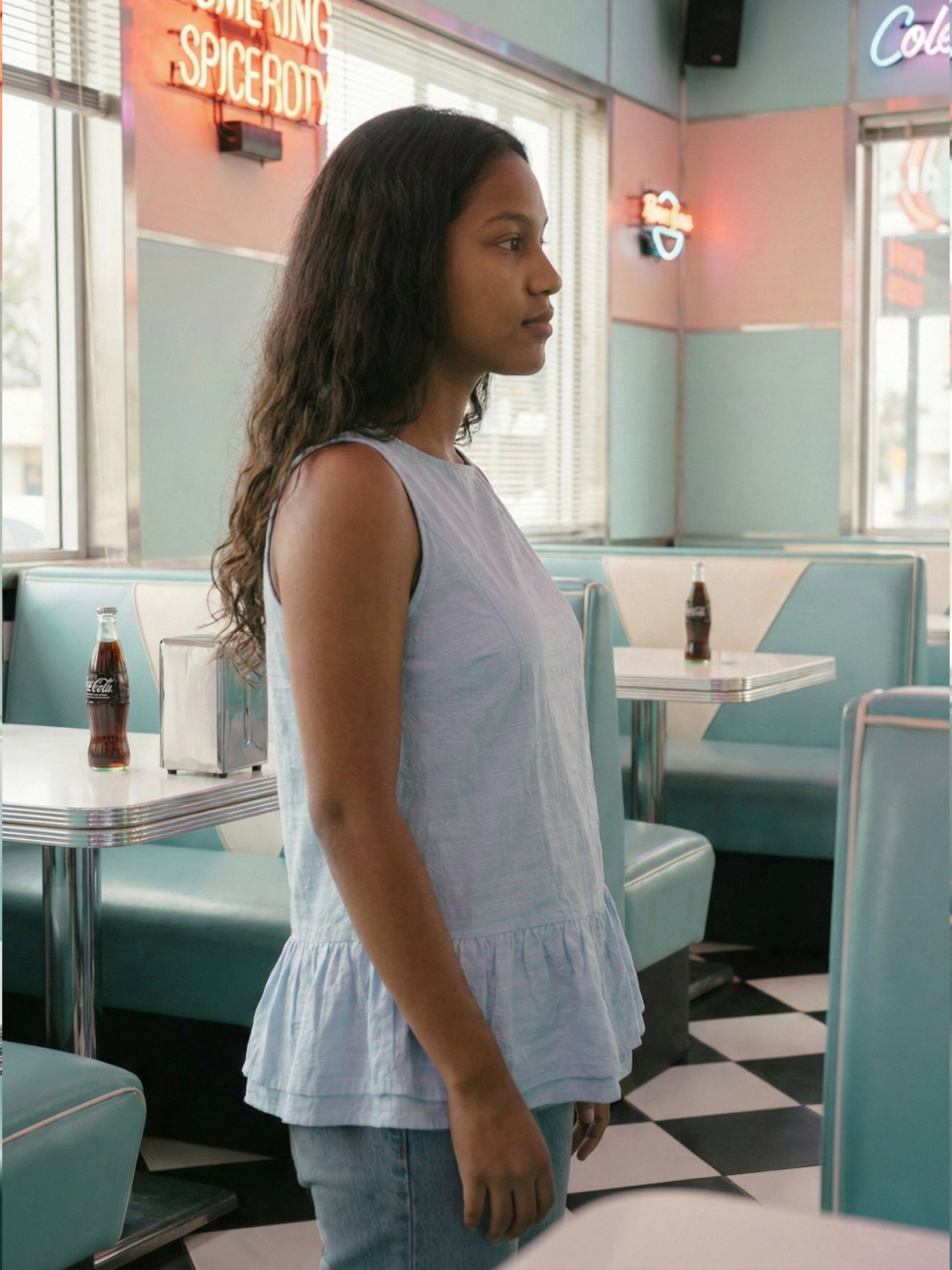 Women's Blue Nylon Viscose Viscos Top with Round Neck Neck