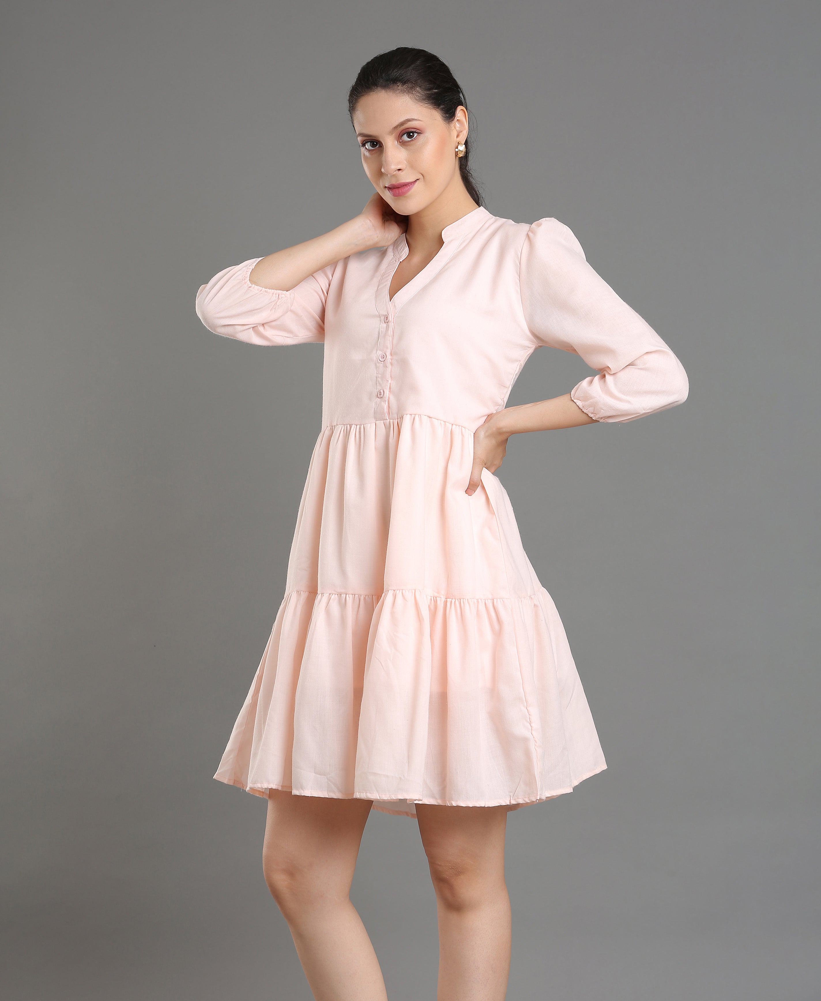 Peach Solid Mandarin Flare Dress