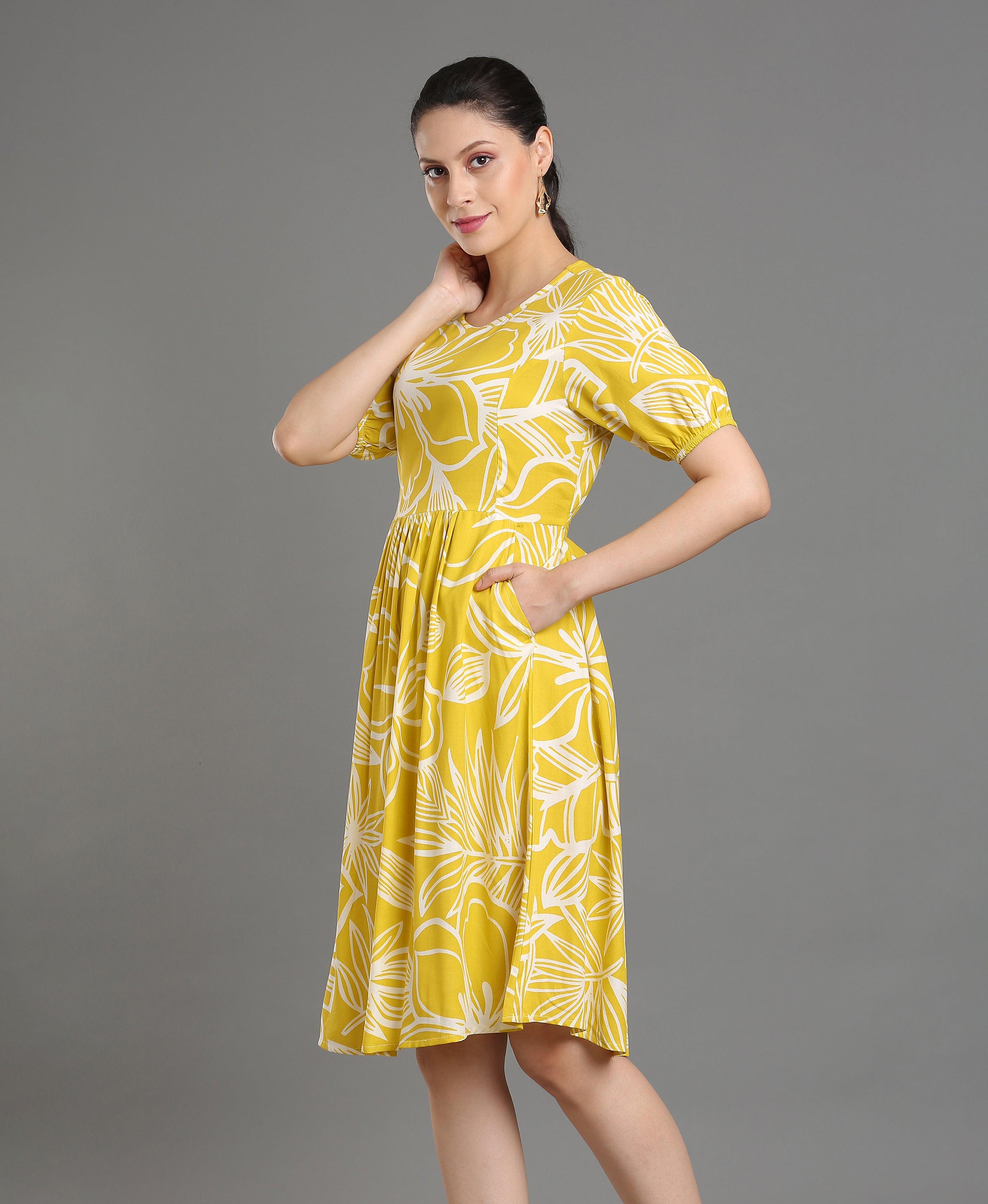 Yellow Bloom Viscose Flare Dress
