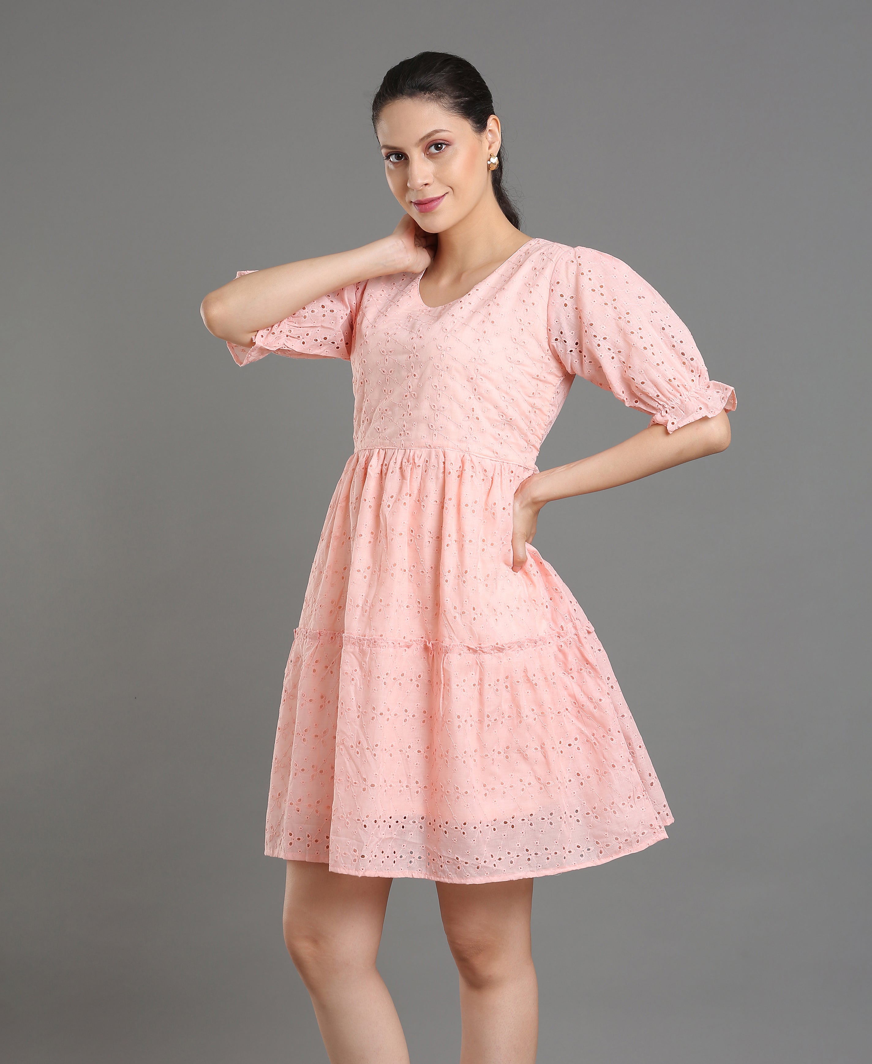 Peach Chiffli Embroidered Flare Dress