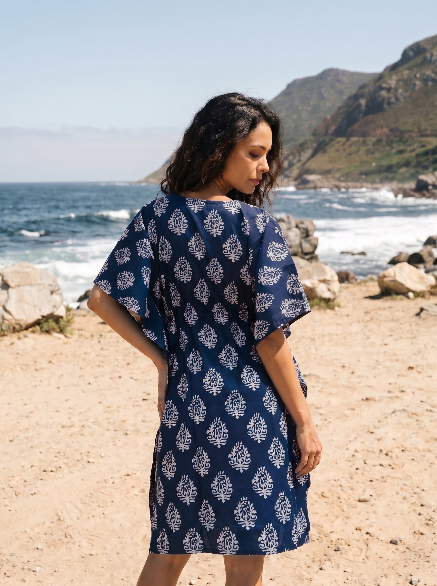 Women's Cambric Cotton Indigo V Neck Sleeveless Kaftan