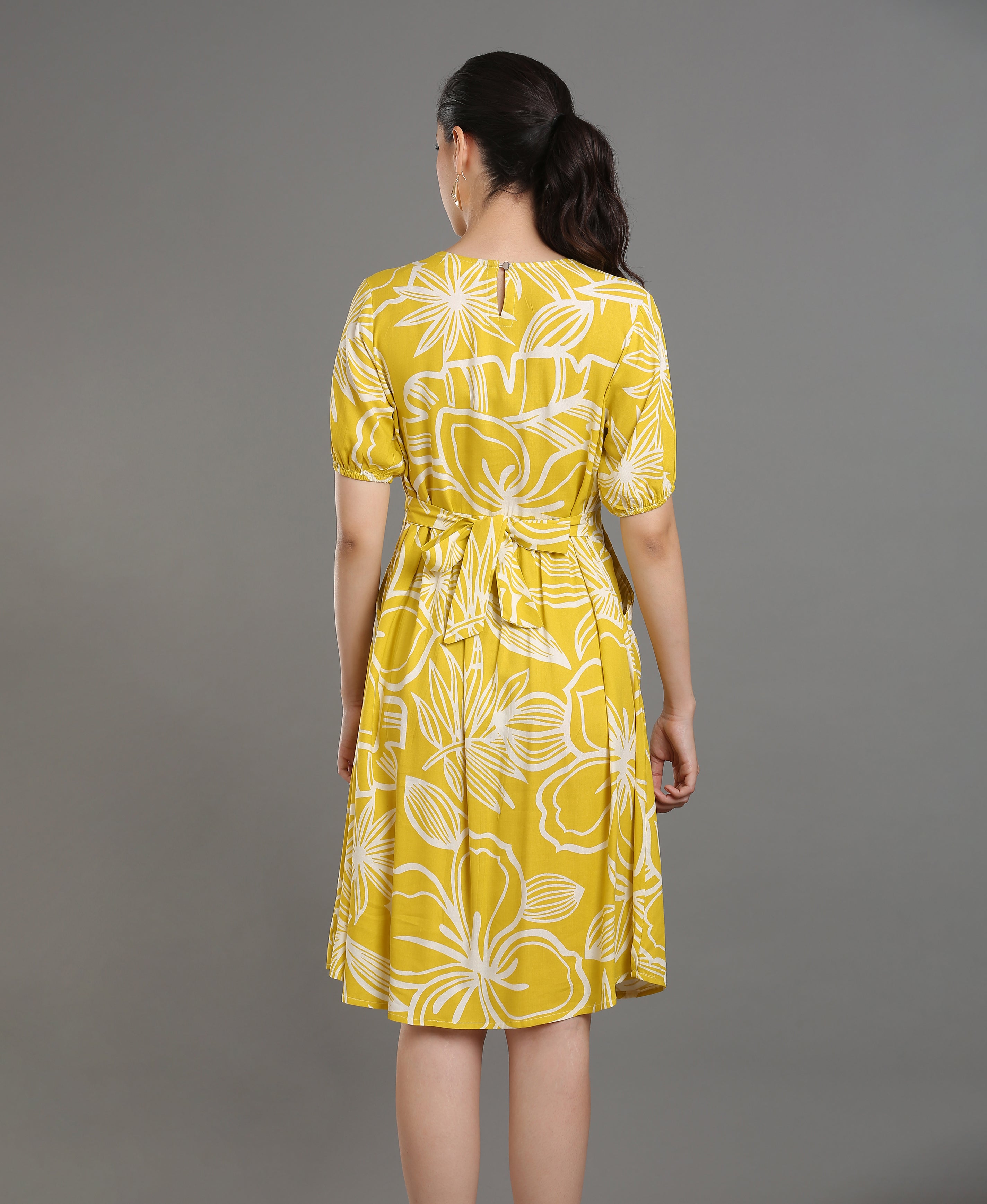 Yellow Bloom Viscose Flare Dress