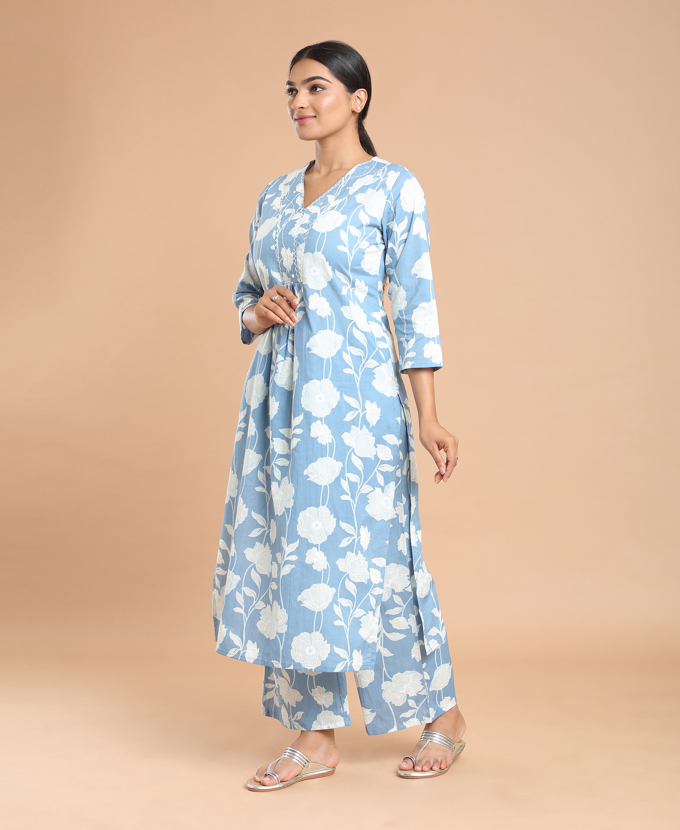 Sky Bloom Cotton Kurti Set