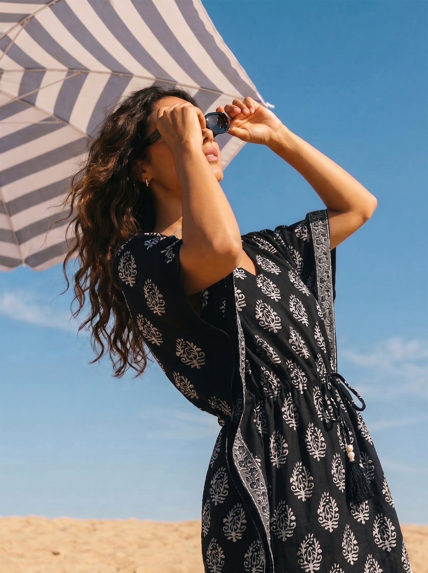 Women's Cambric Cotton Jet black V Neck Sleeveless Kaftan