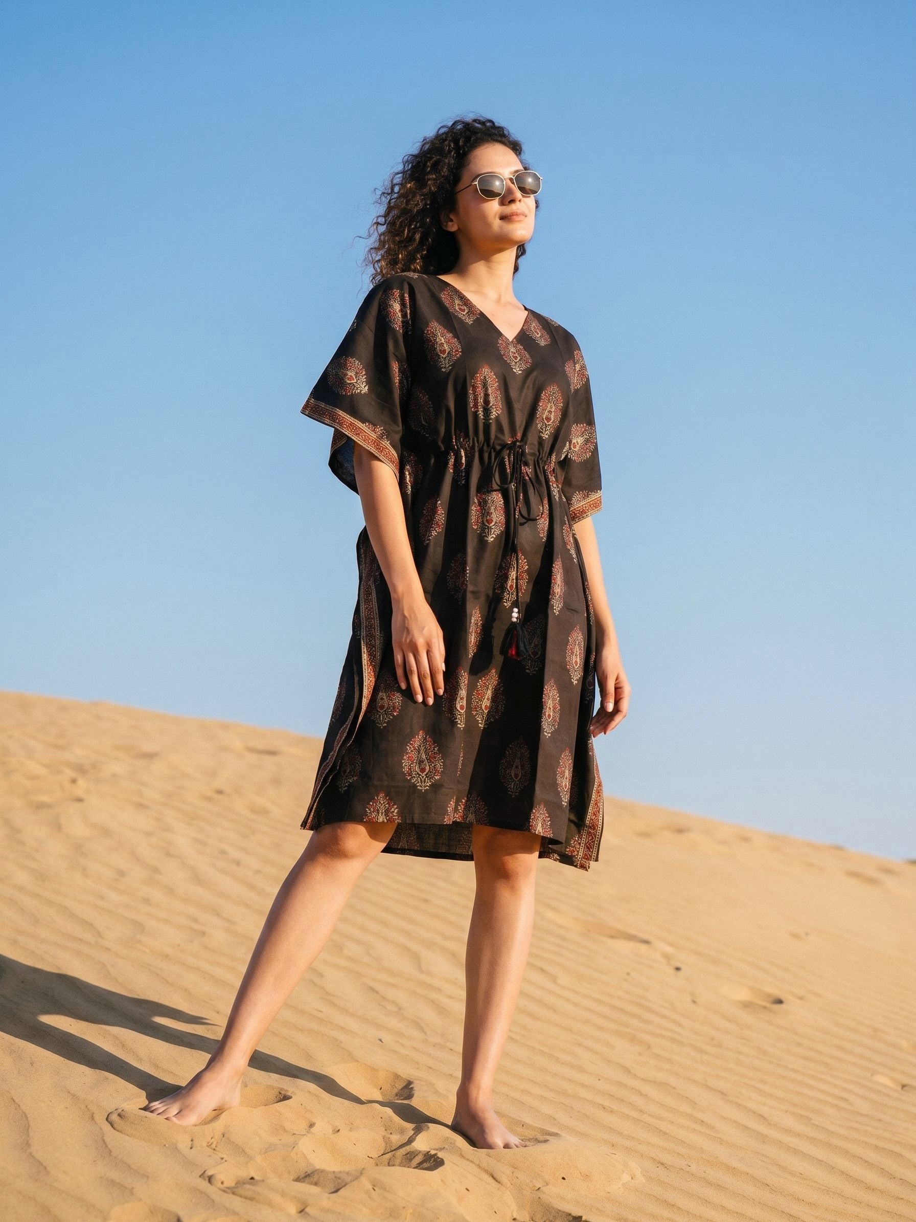 Women's Cambric Cotton Black V Neck Kaftan