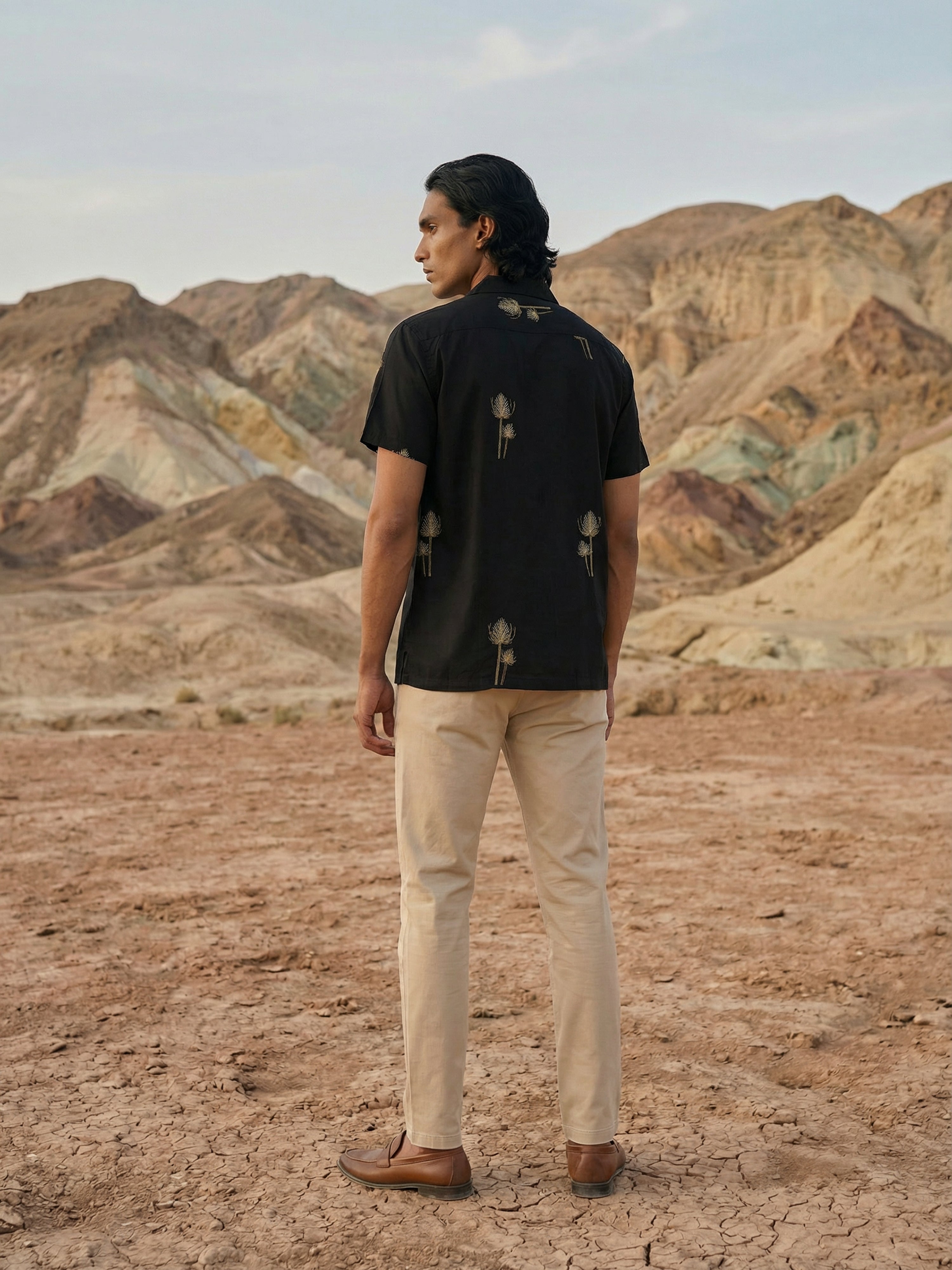 Men's Black Fit Shirt with Embroidered Patterns