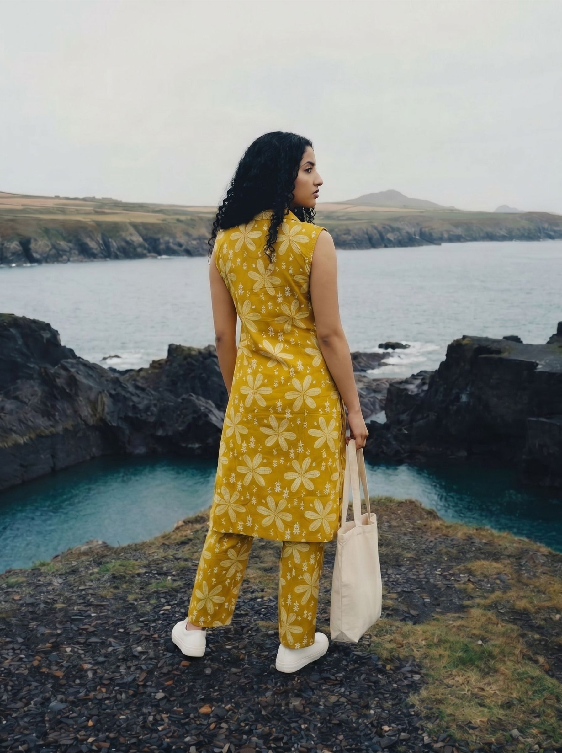 Women's Cotton Yellow Collar Neck Regular Fit Kurti Set