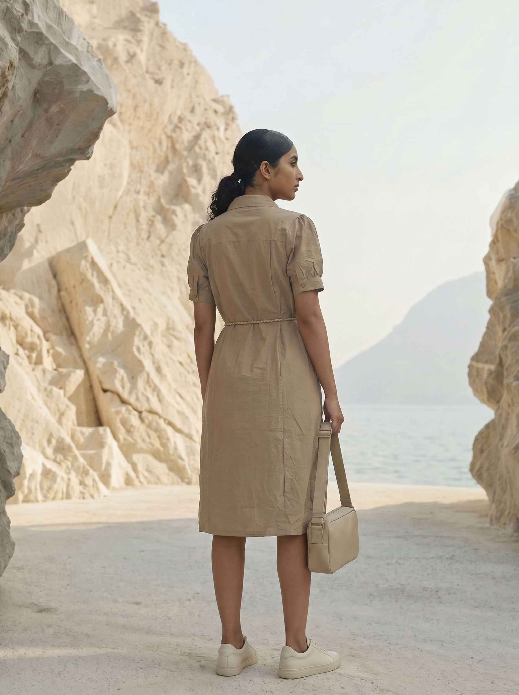 Women's Cotton Brown Regular Fit Collar Neck Dresses