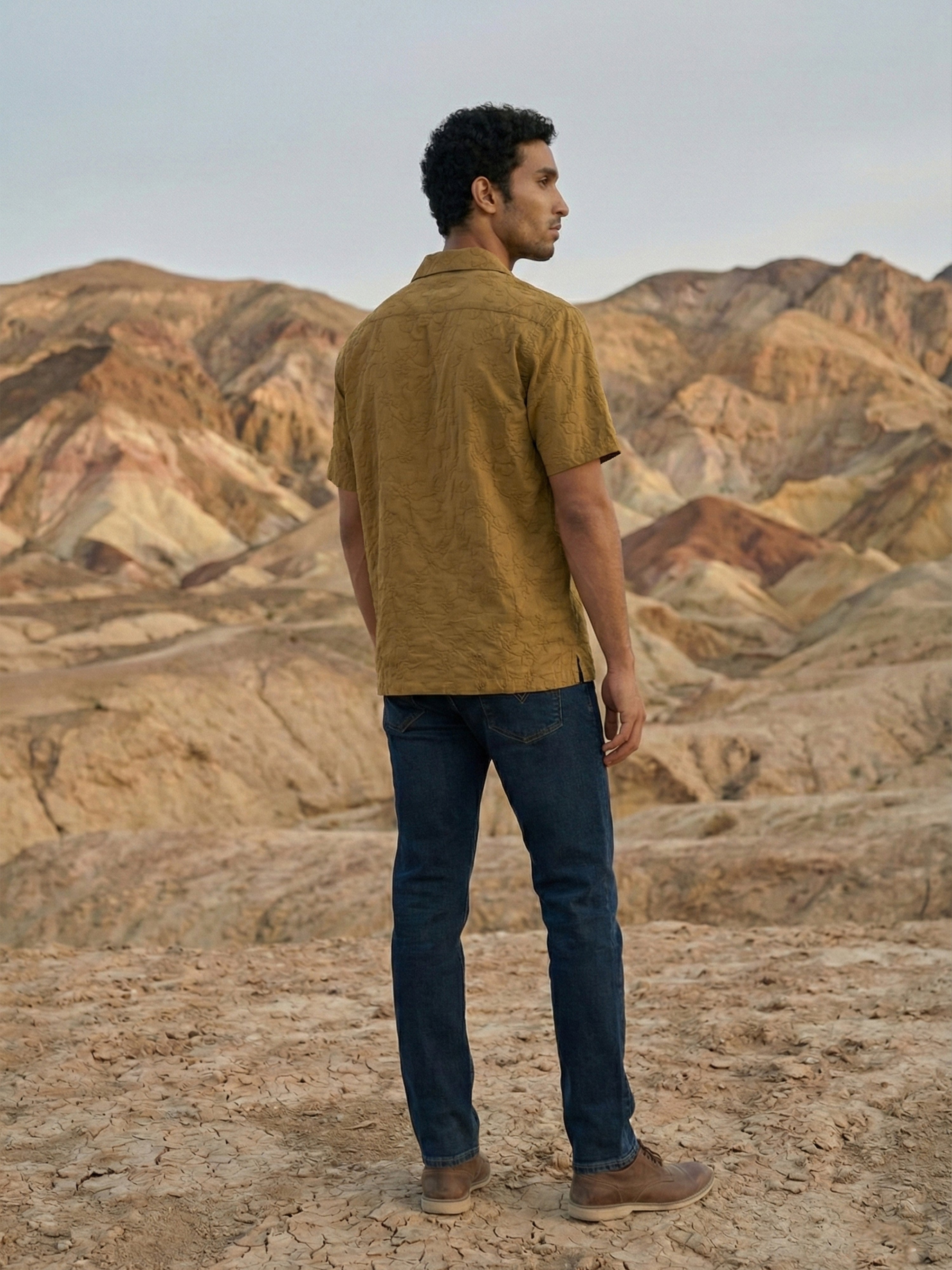 Chocolate Organic Cotton Cuban Collar Half Sleeves Shirt For Male