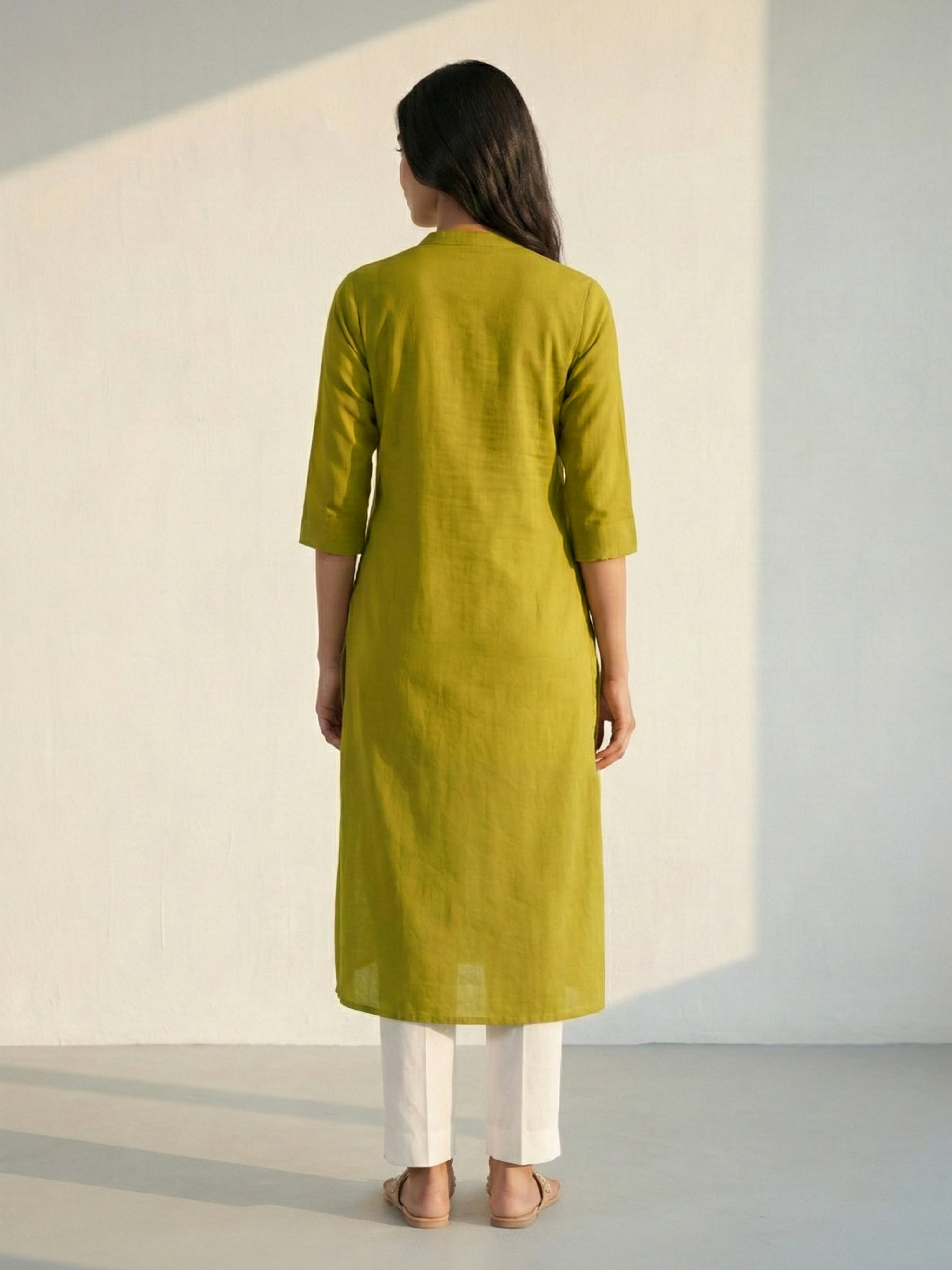 Mustard Hemmer Silk Collar Neck 3/4Th Sleeve Kurti For Female