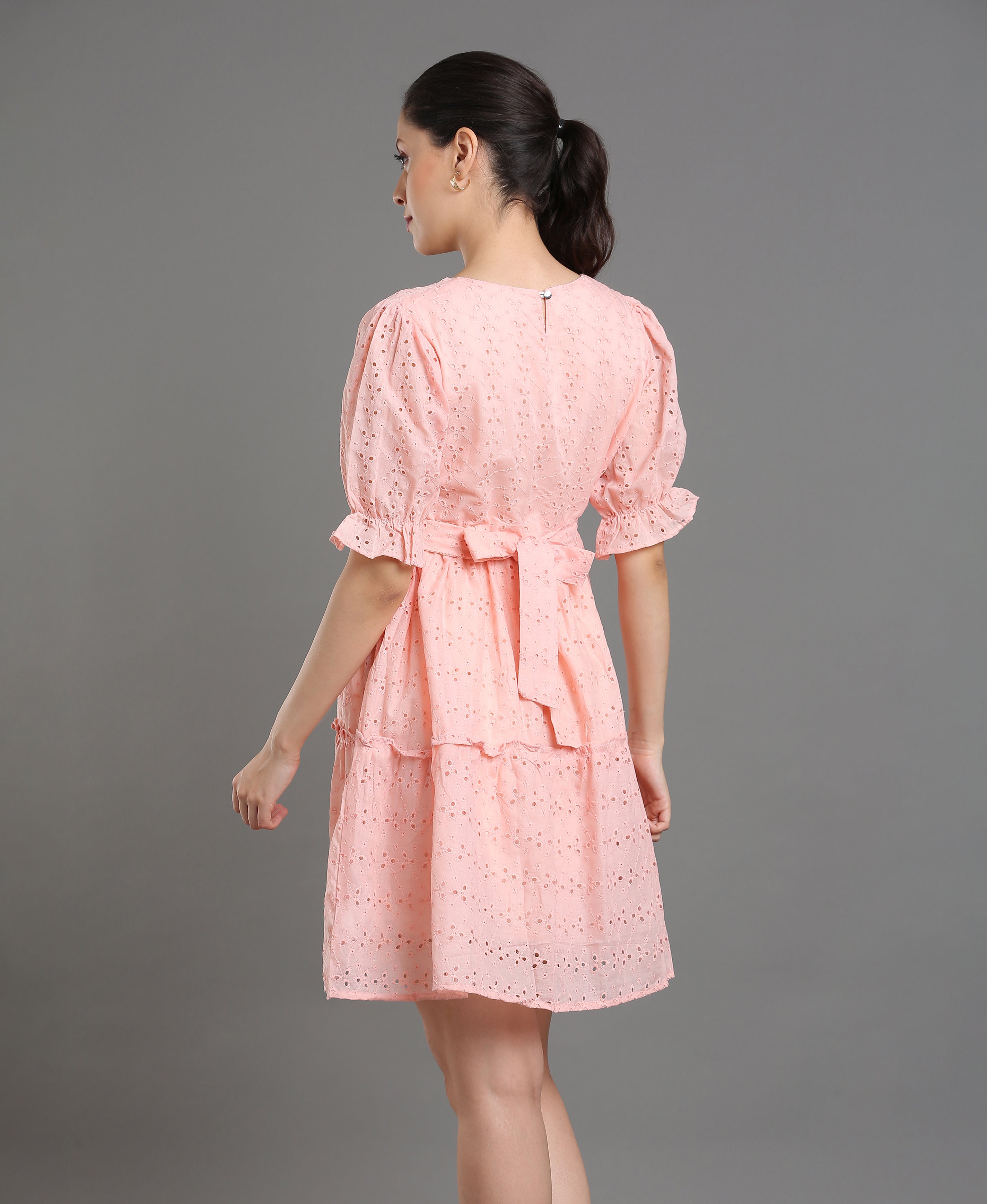 Peach Chiffli Embroidered Flare Dress
