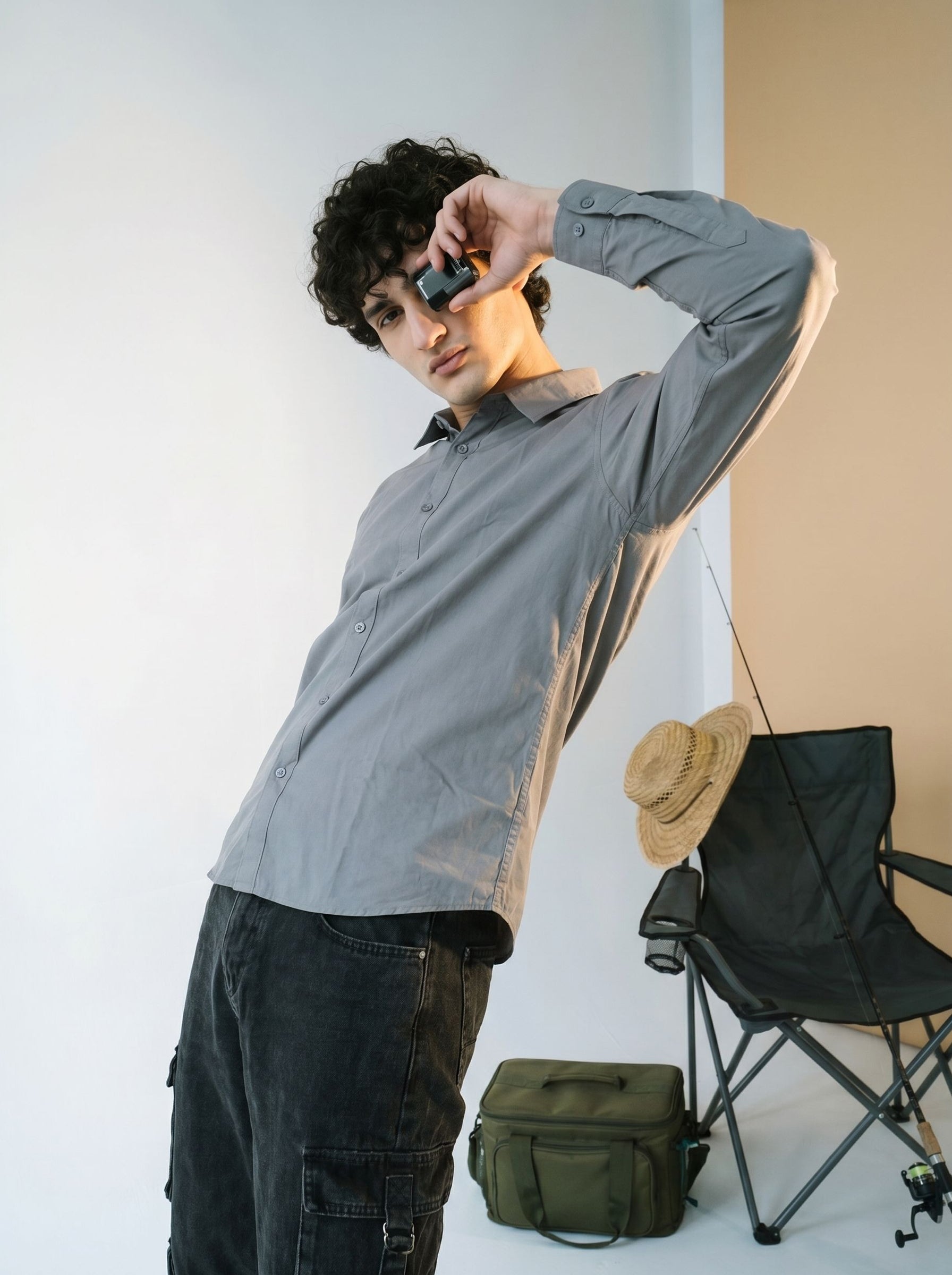 Mens Grey Cotton Relaxed Regular Collar Shirt