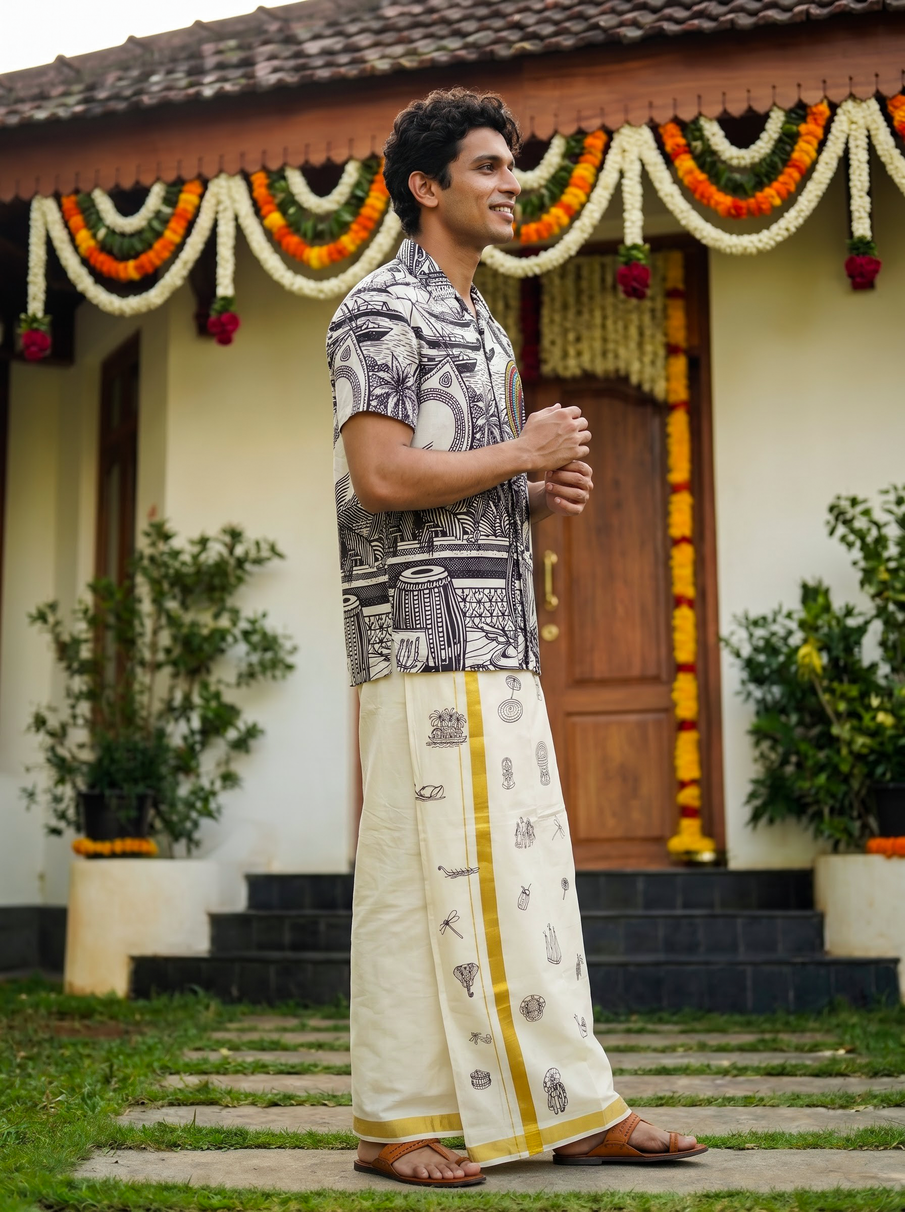 Men's Nylon Digital Print Off White Color Onam Special Regular Fit Shirt