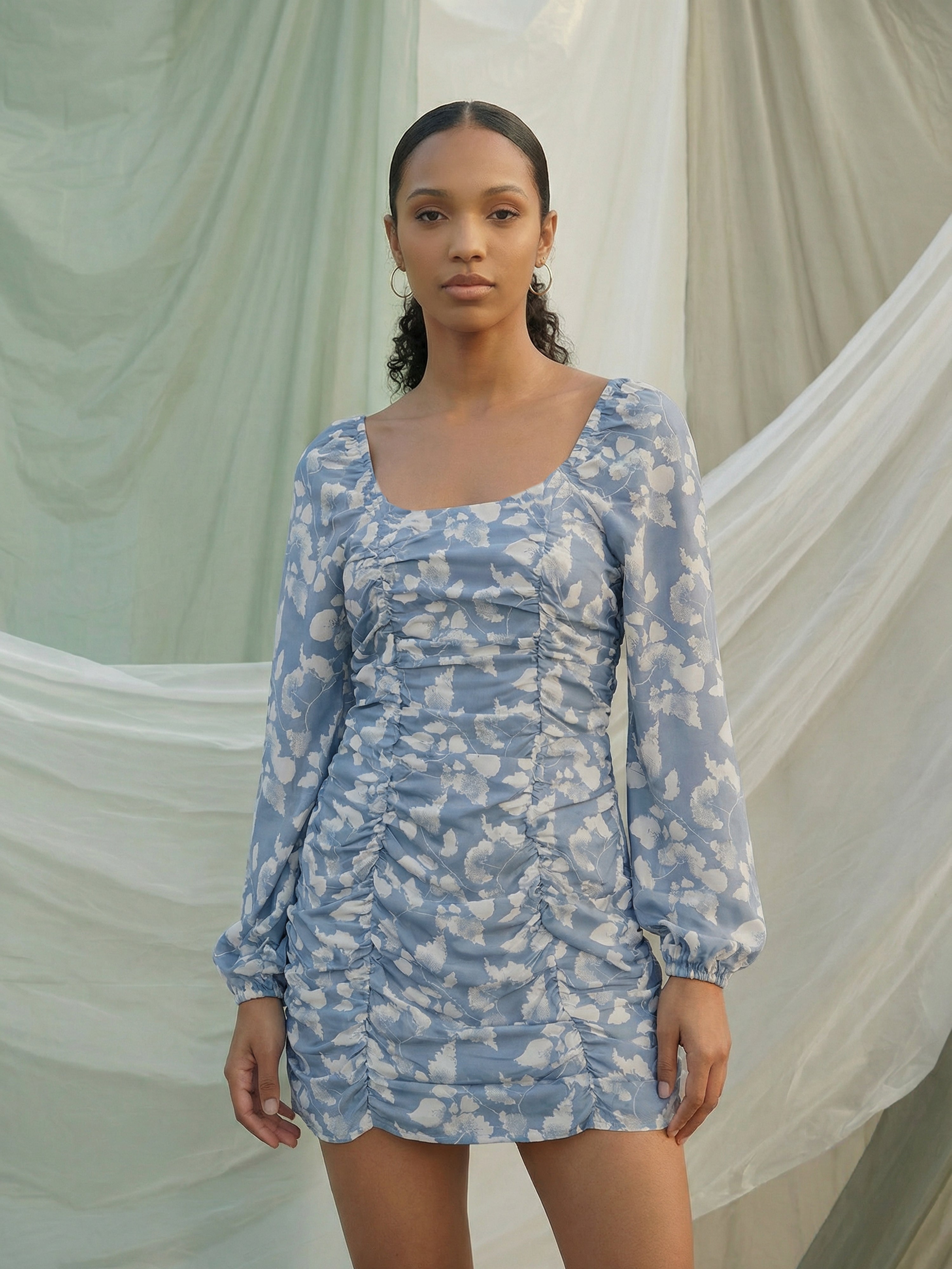 Grey Crepe Square Full Dresses For Female