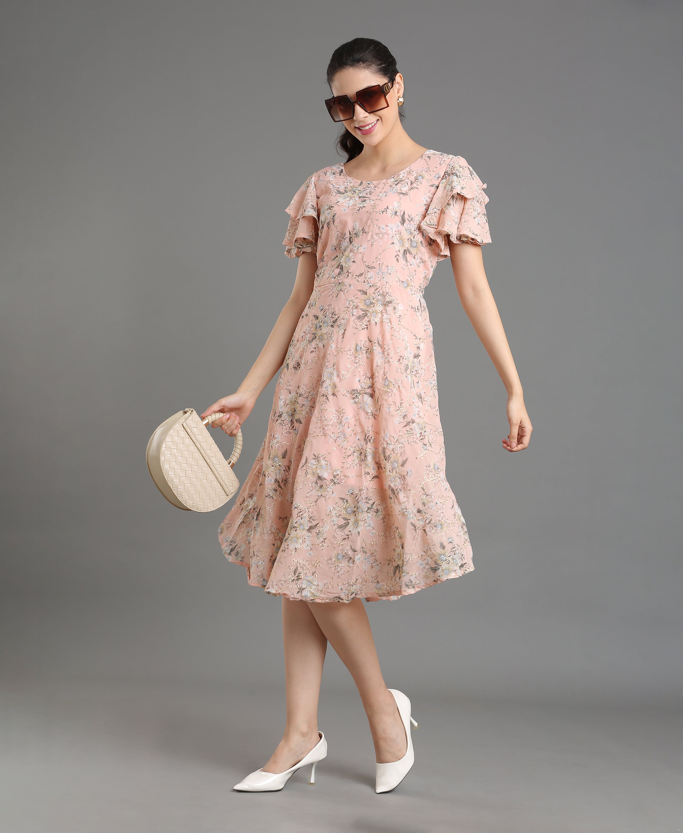 Peach Bloom Embroidered Georgette Dress