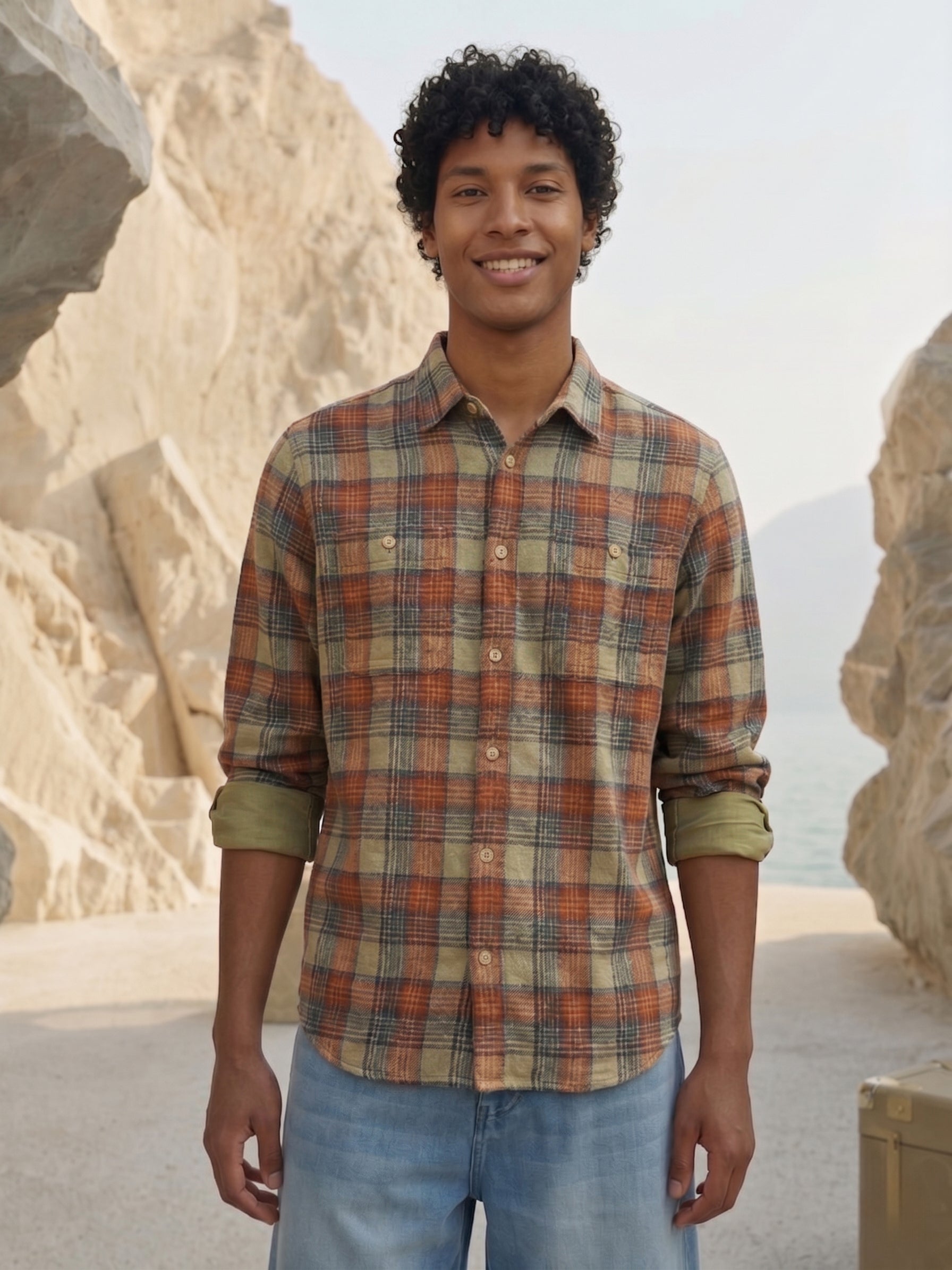 Men's Checks Orange Relaxed Fit Shirt