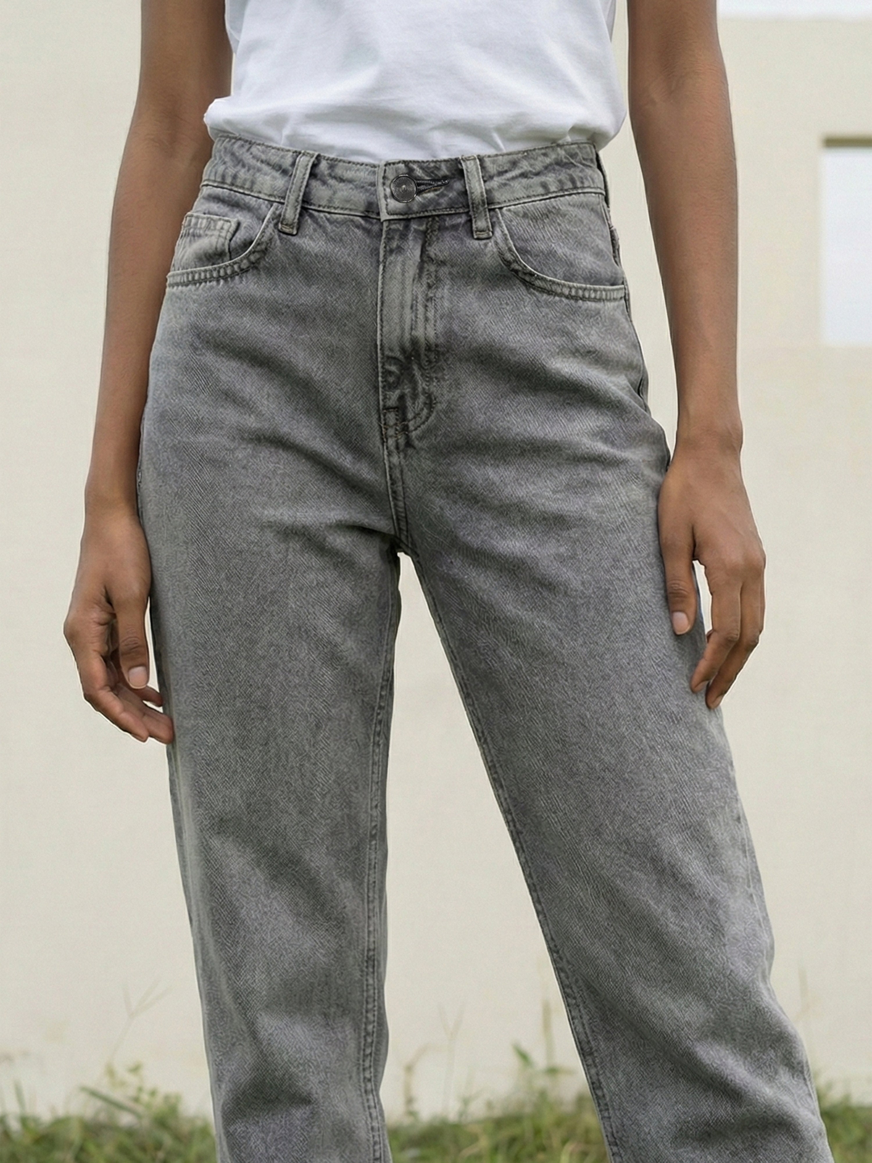 Grey Cotton Denim Jeans For Womens